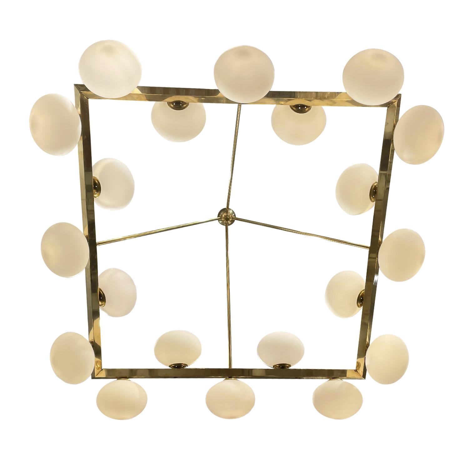 Metal 20th Century Italian Square Opaline Glass Chandelier in the Style of Stilnovo For Sale