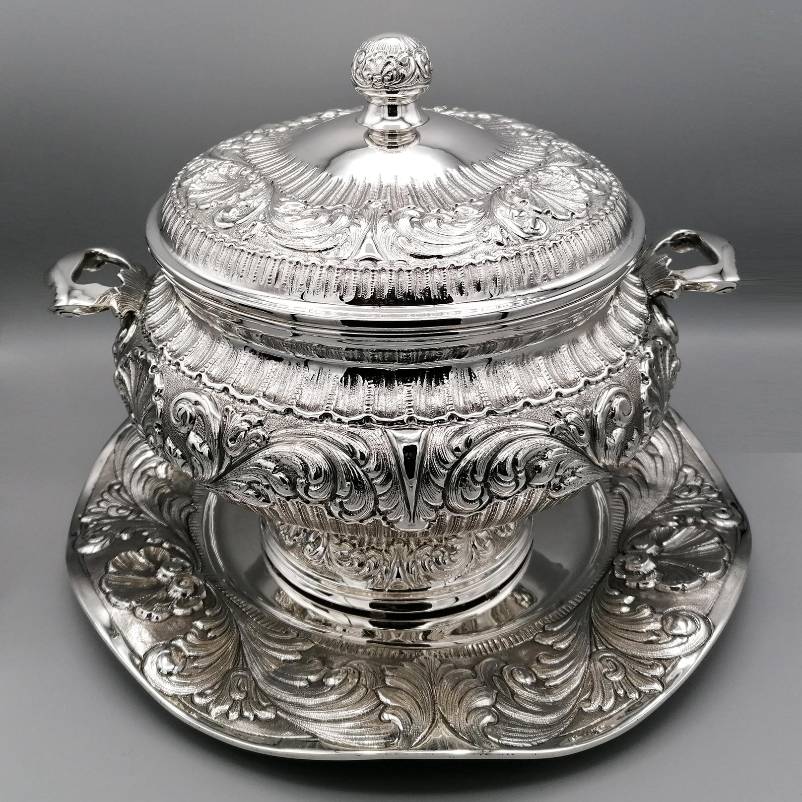 20th Century Italian Stering Silver Baroque revival round Tureen plus dish For Sale 10