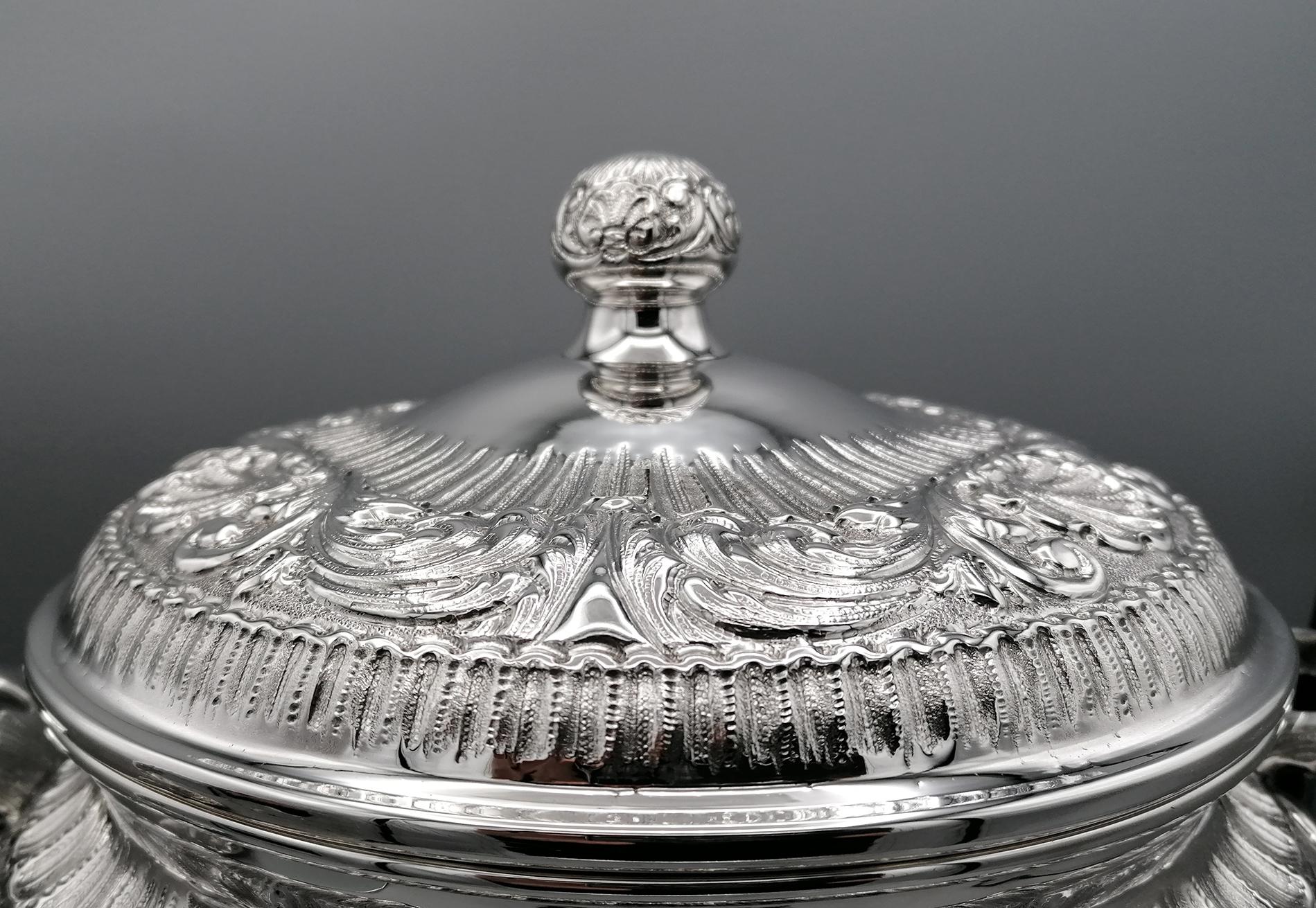 Hand-Crafted 20th Century Italian Stering Silver Baroque revival round Tureen plus dish For Sale
