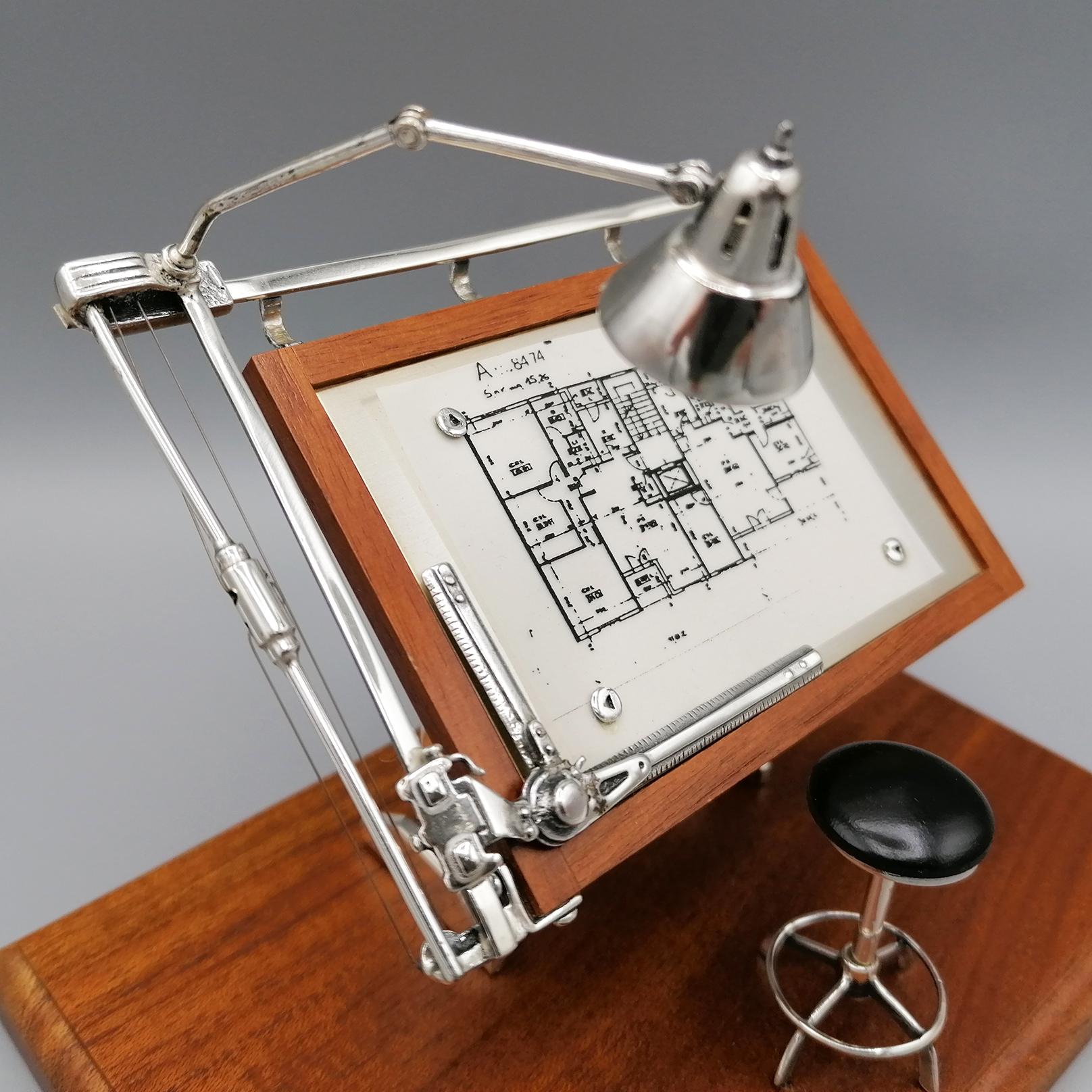 European 20th century Italian Sterlig Silver and Walnut Roots Miniature Drafting Machine