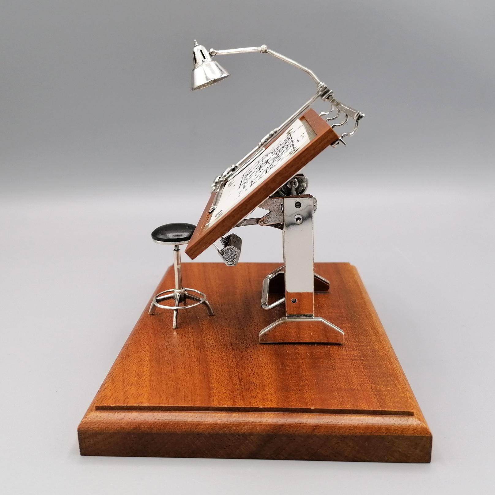 20th century Italian Sterlig Silver and Walnut Roots Miniature Drafting Machine 1