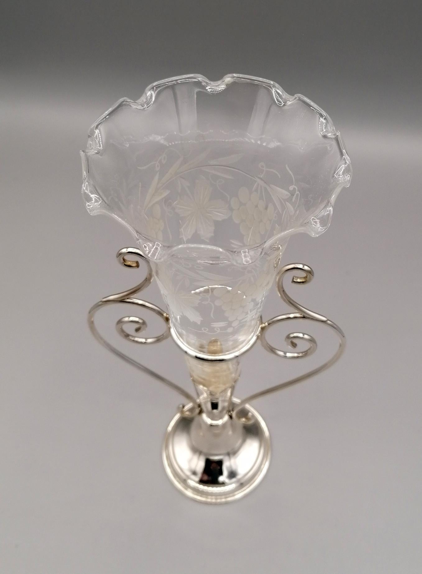 20th Century Italian Sterling Silve Vase with Handcut Crystal Flowers Holder For Sale 4