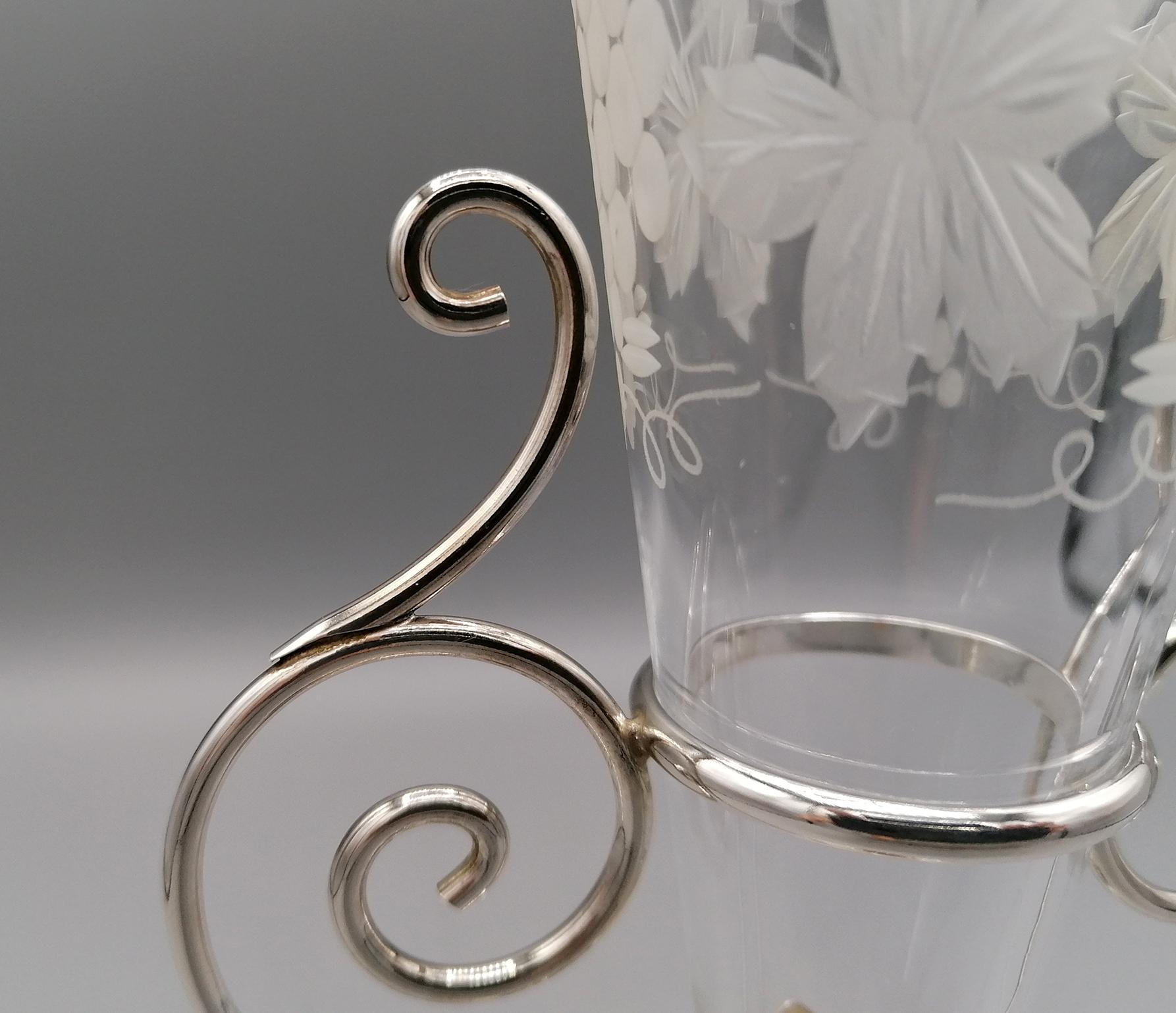 20th Century Italian Sterling Silve Vase with Handcut Crystal Flowers Holder For Sale 5