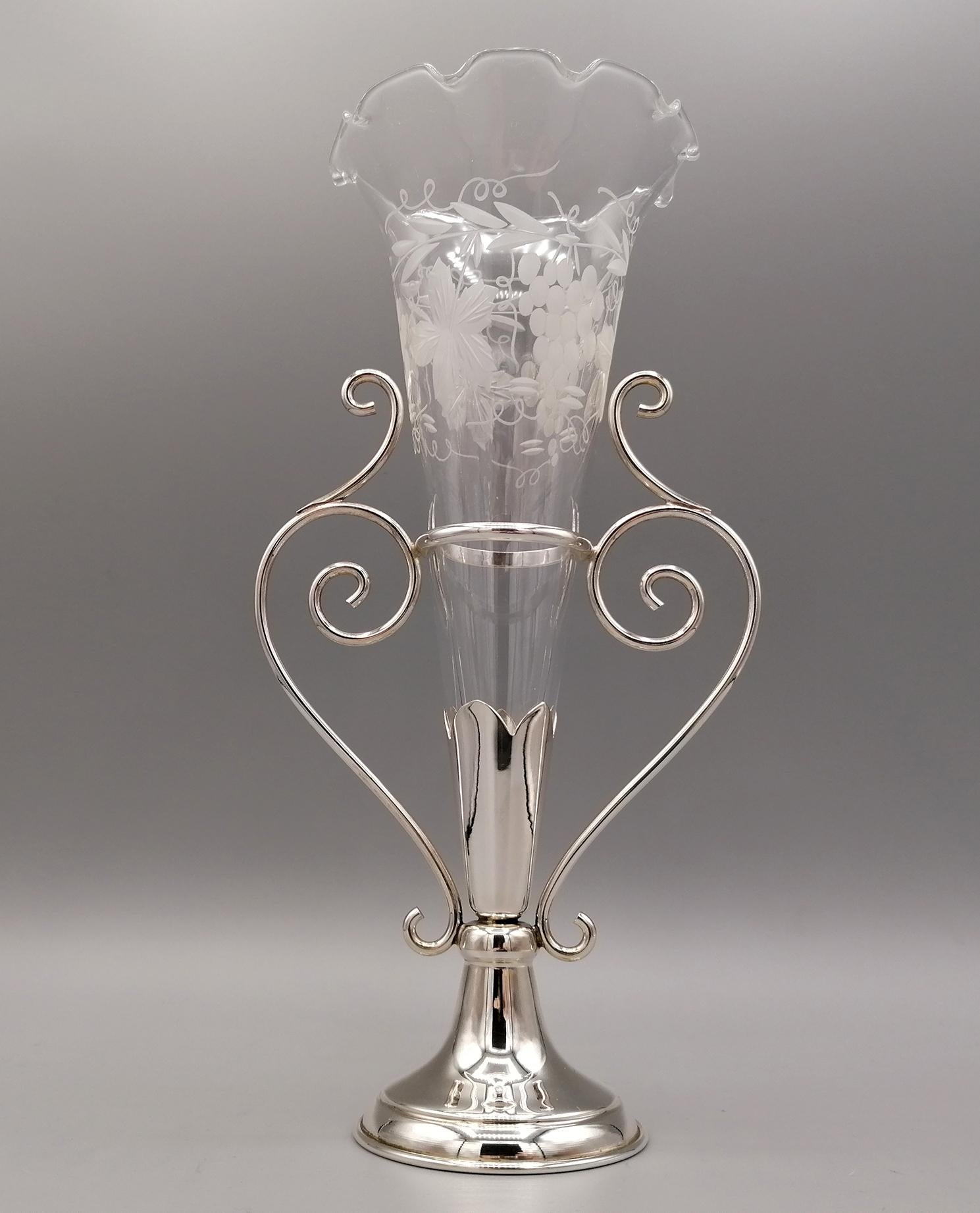 20th Century Italian Sterling Silve Vase with Handcut Crystal Flowers Holder For Sale 6