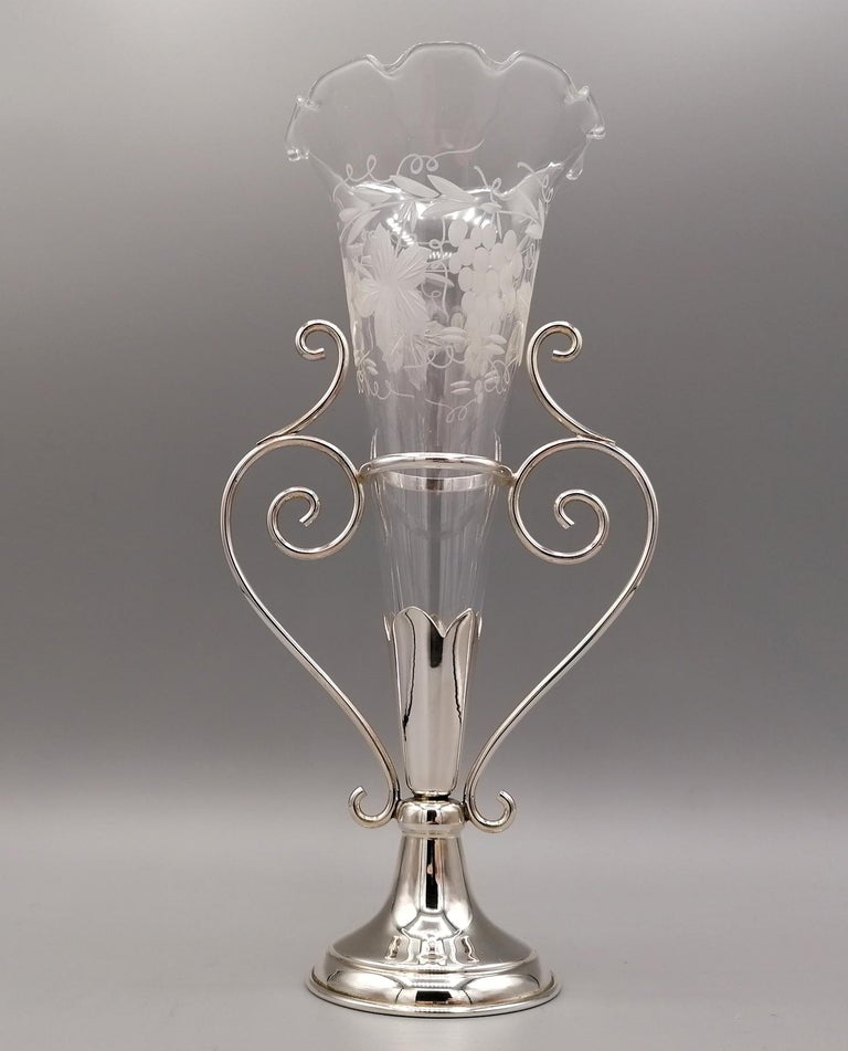 20th Century Italian Sterling Silve Vase with Handcut Crystal Flowers ...