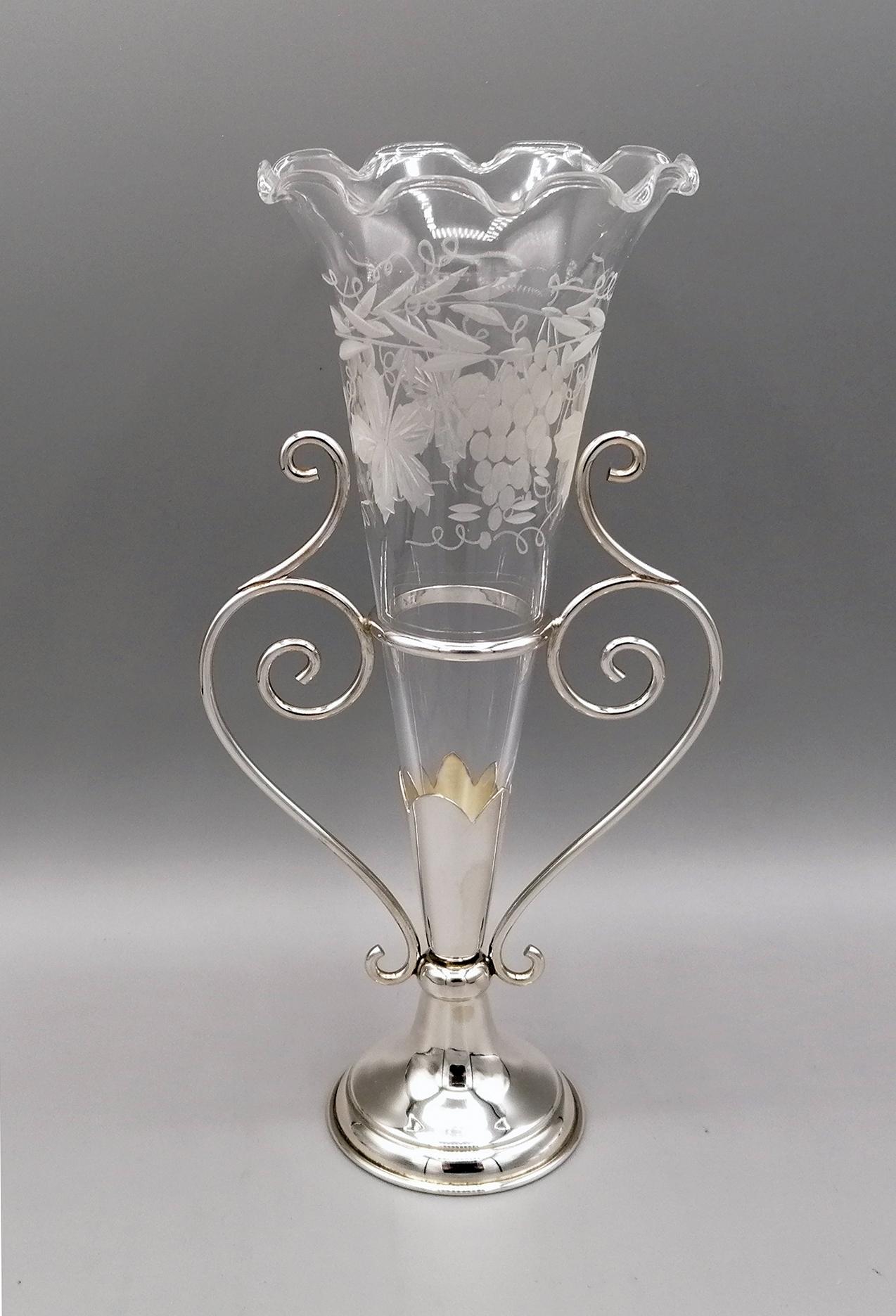 20th Century Italian Sterling Silve Vase with Handcut Crystal Flowers Holder For Sale 7