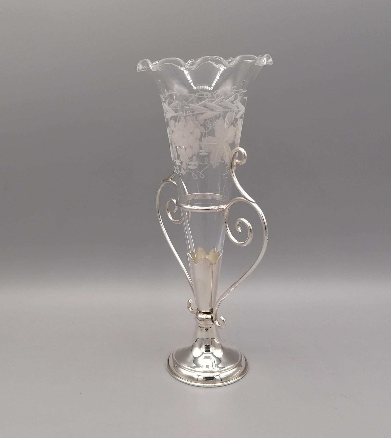 Other 20th Century Italian Sterling Silve Vase with Handcut Crystal Flowers Holder For Sale