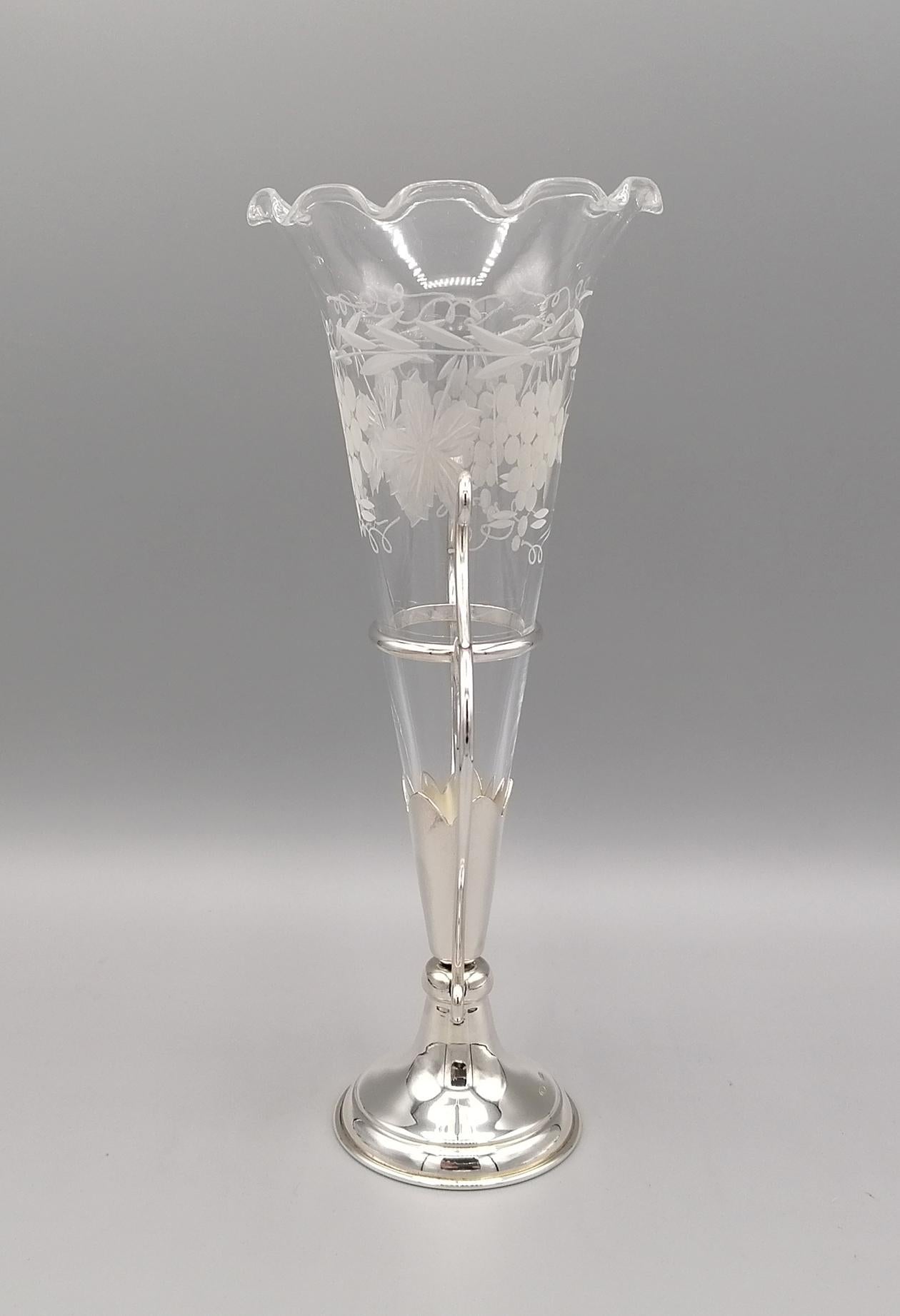 Hand-Crafted 20th Century Italian Sterling Silve Vase with Handcut Crystal Flowers Holder For Sale