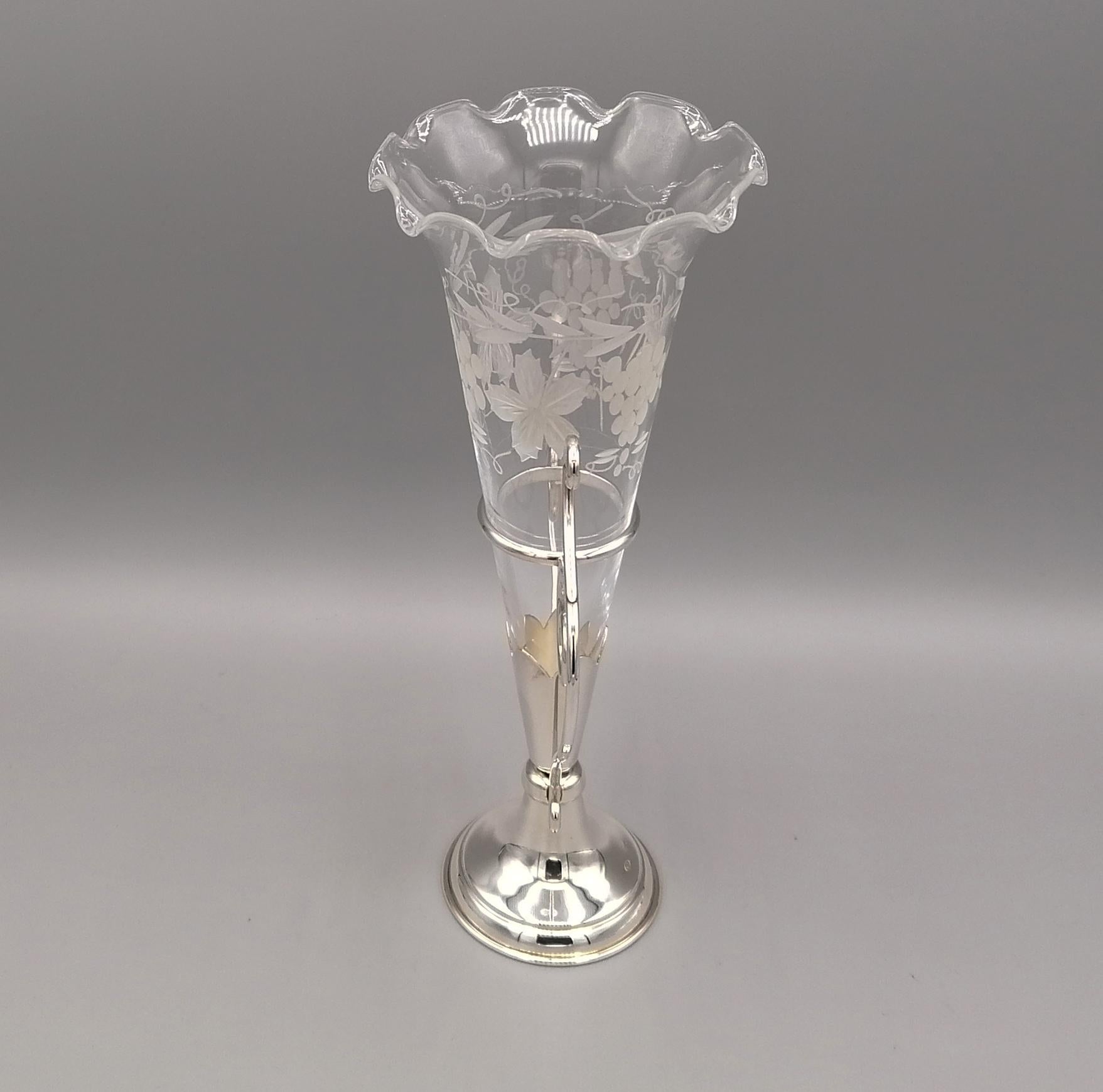 Italienische Sterlingsilber-Vase des 20. Jahrhunderts mit handgeschliffenem Blumenhalter aus Kristall im Zustand „Hervorragend“ im Angebot in VALENZA, IT