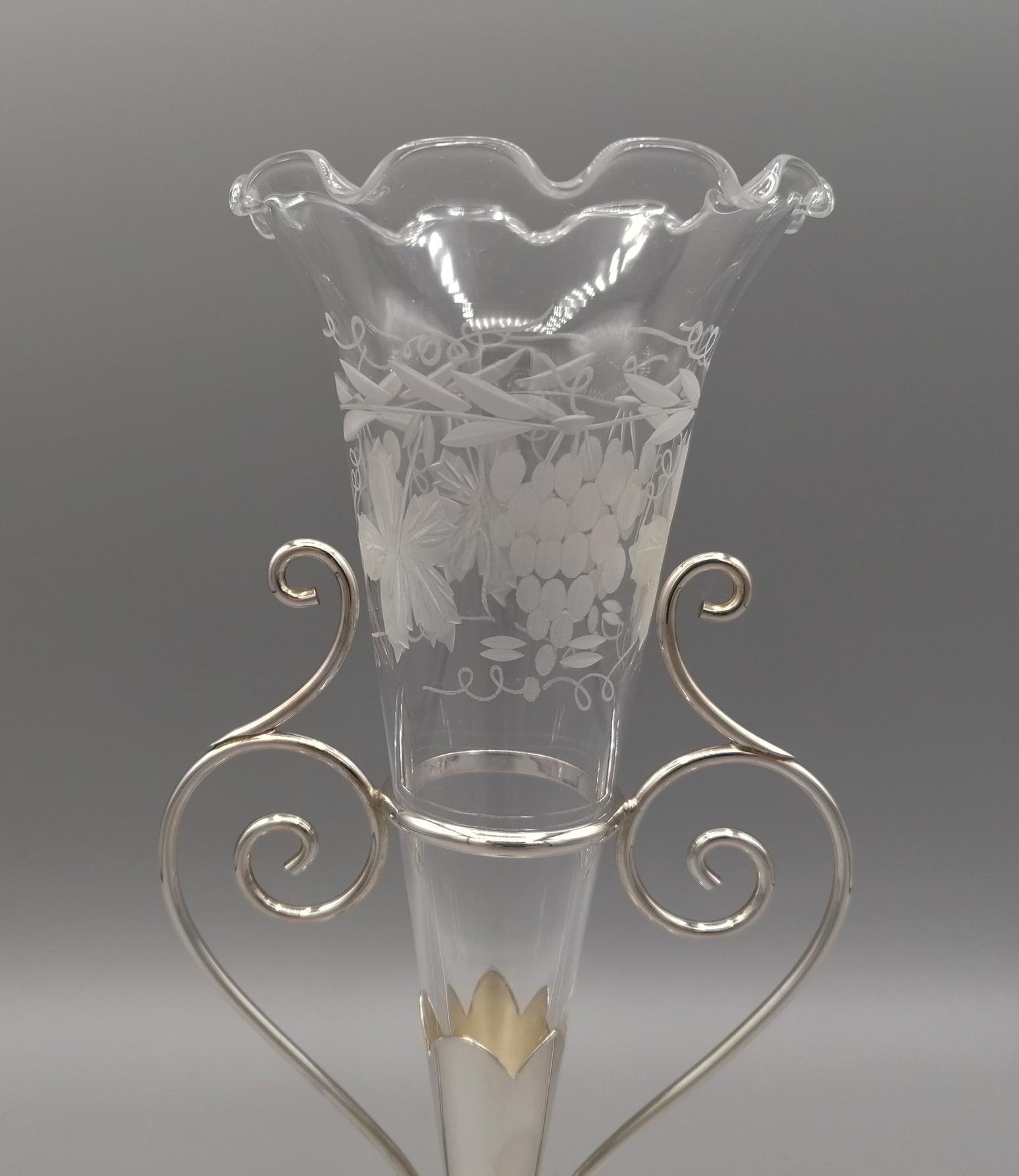 Late 20th Century 20th Century Italian Sterling Silve Vase with Handcut Crystal Flowers Holder For Sale