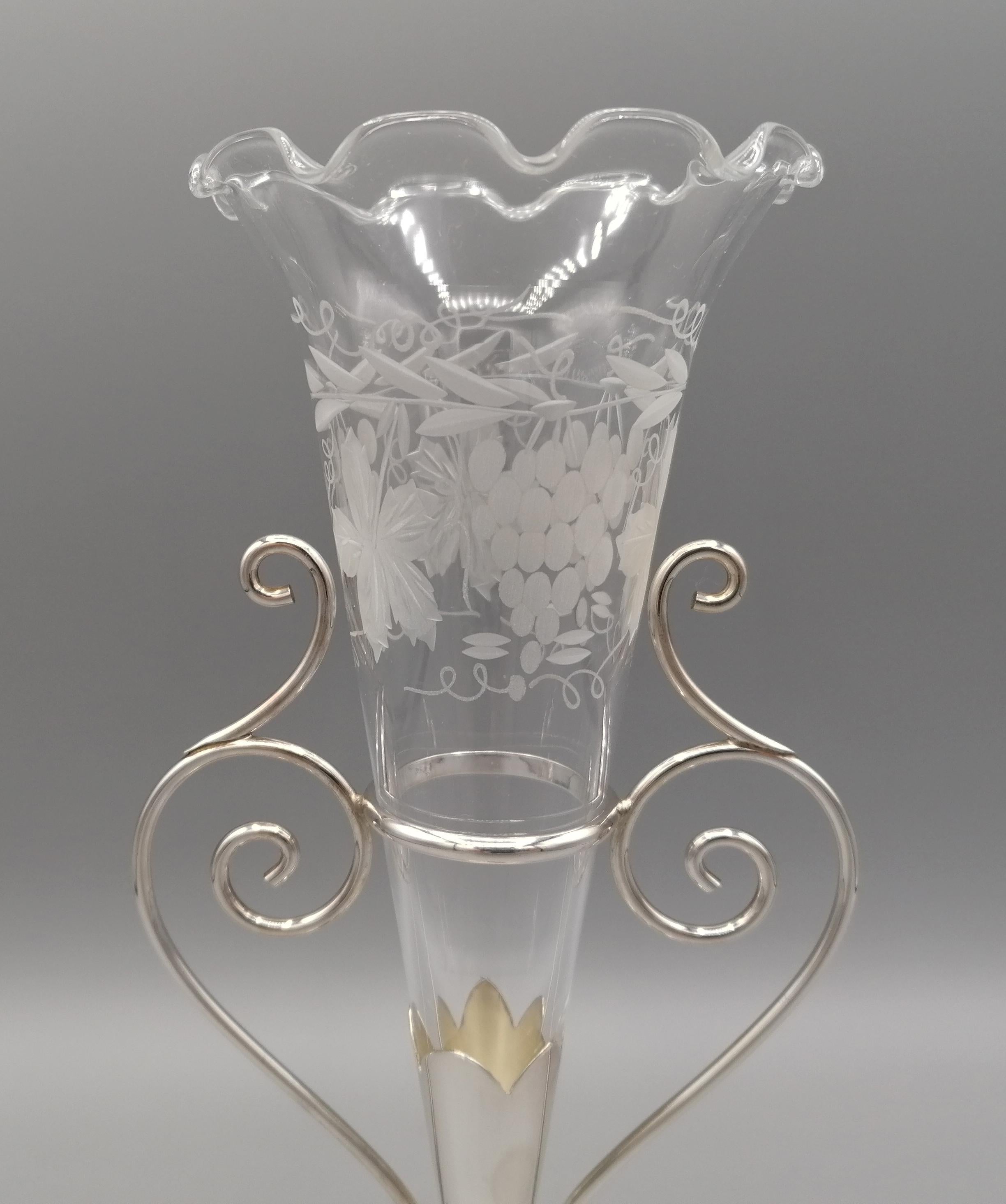 Italienische Sterlingsilber-Vase des 20. Jahrhunderts mit handgeschliffenem Blumenhalter aus Kristall im Angebot 1