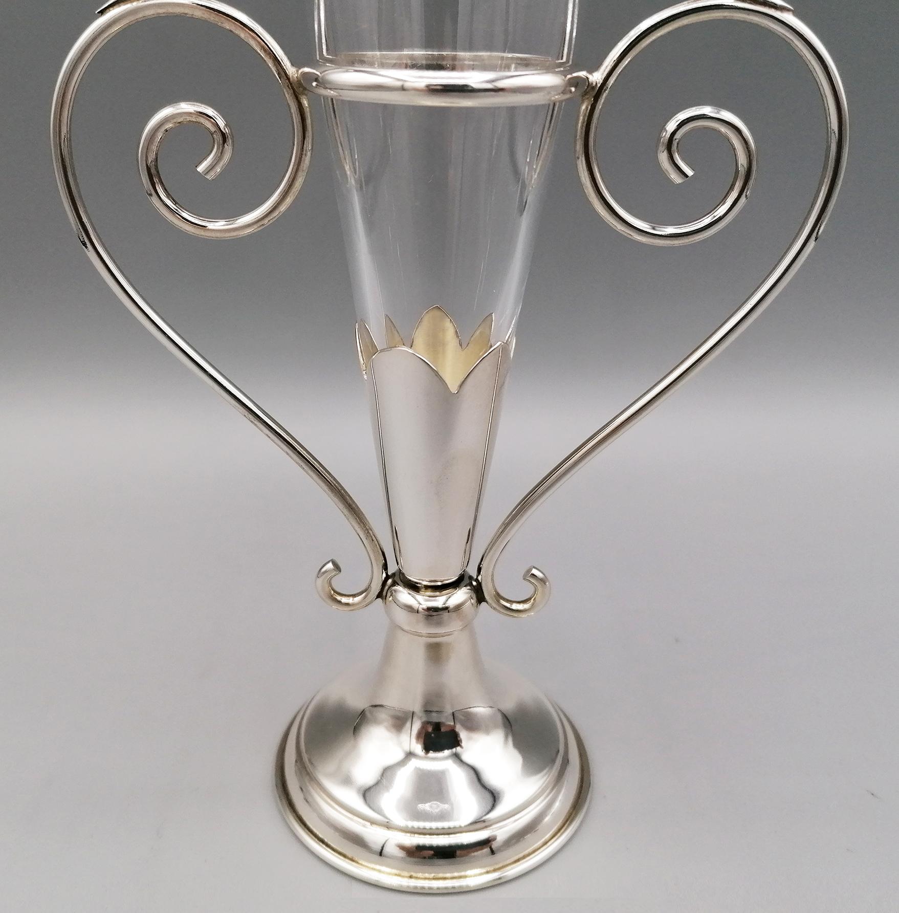 20th Century Italian Sterling Silve Vase with Handcut Crystal Flowers Holder For Sale 1