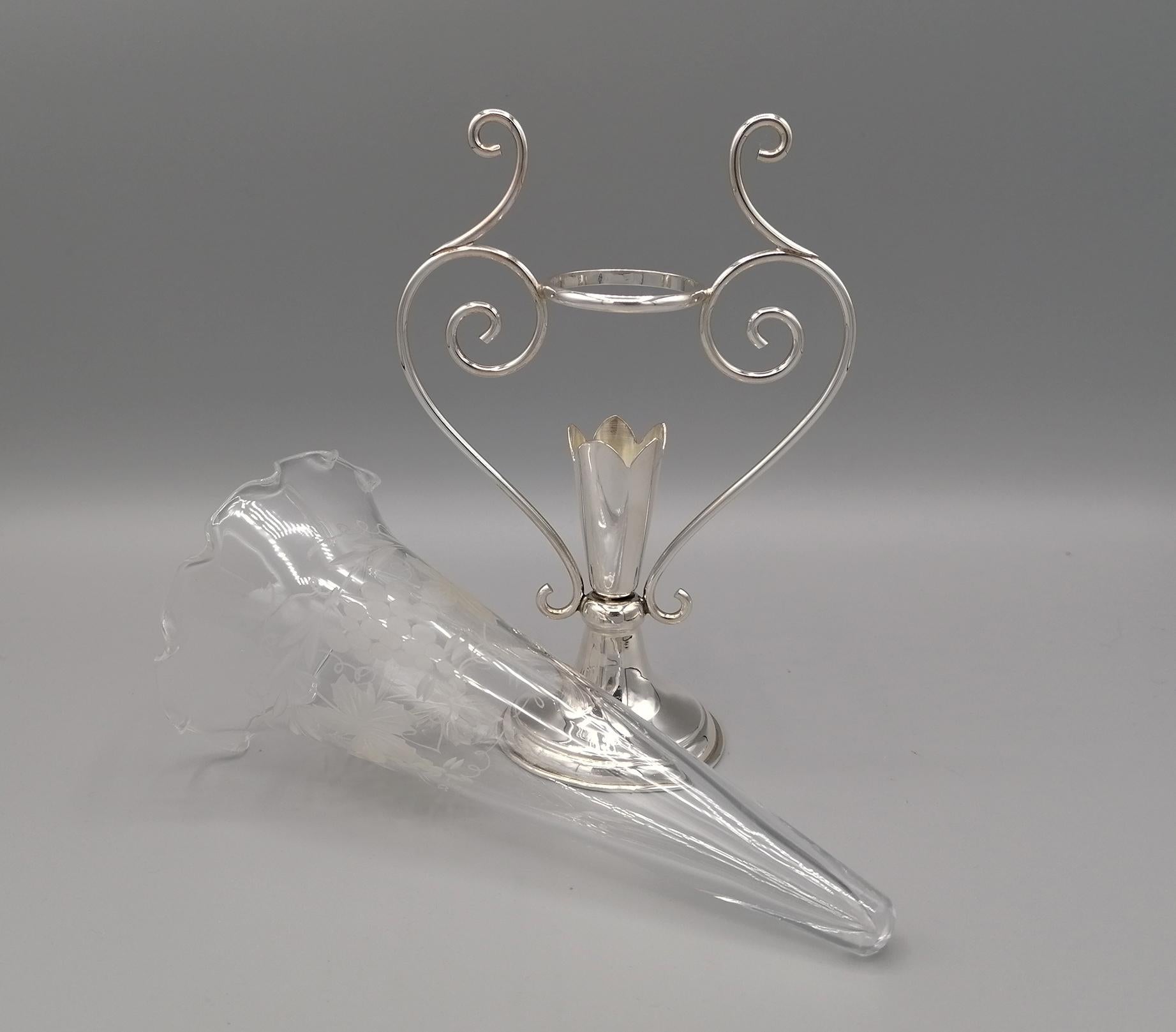 20th Century Italian Sterling Silve Vase with Handcut Crystal Flowers Holder For Sale 2