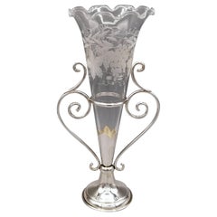 20th Century Italian Sterling Silve Vase with Handcut Crystal Flowers Holder