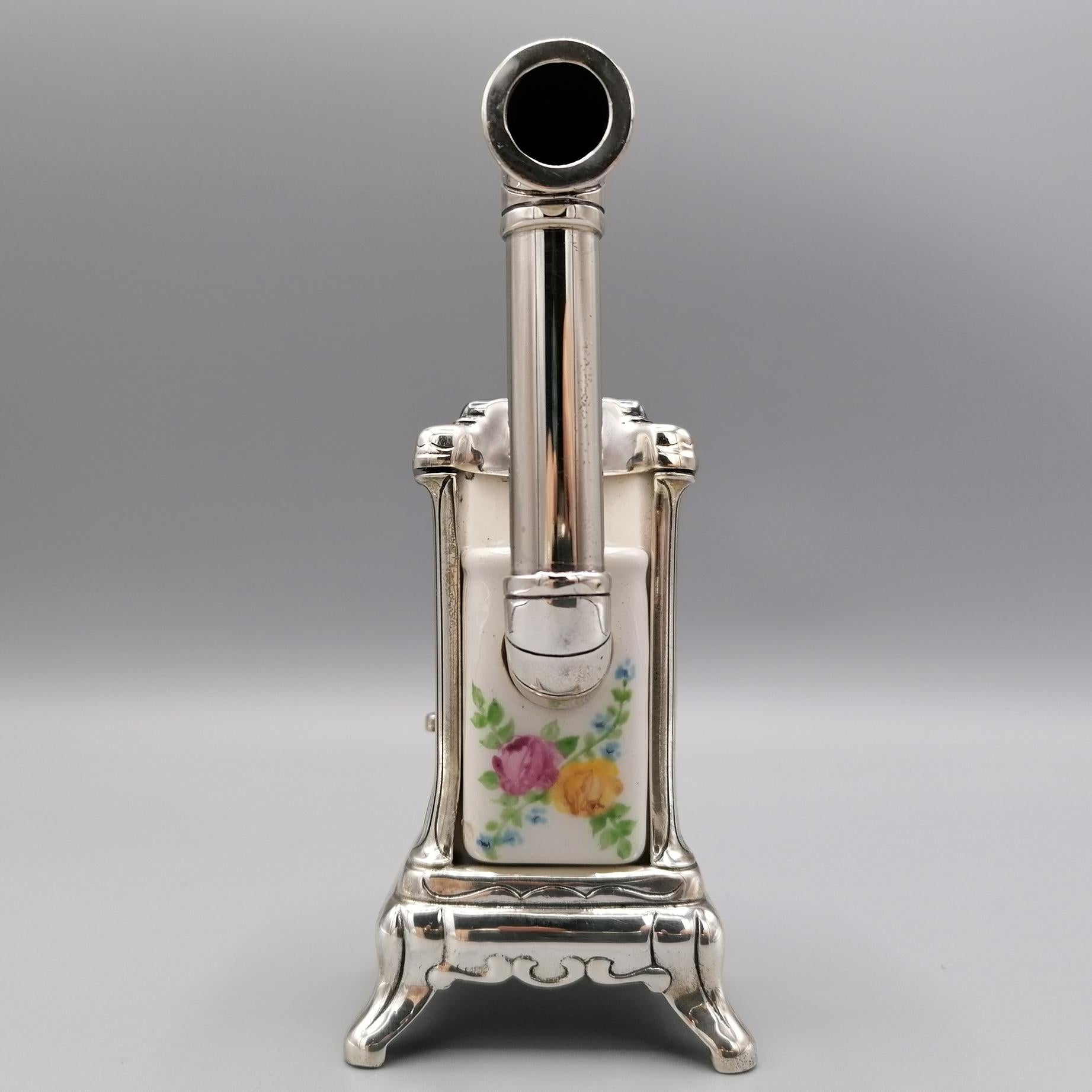 20th Century Italian Sterling Silver and Porcelain Miniature of Wood Stove For Sale 2