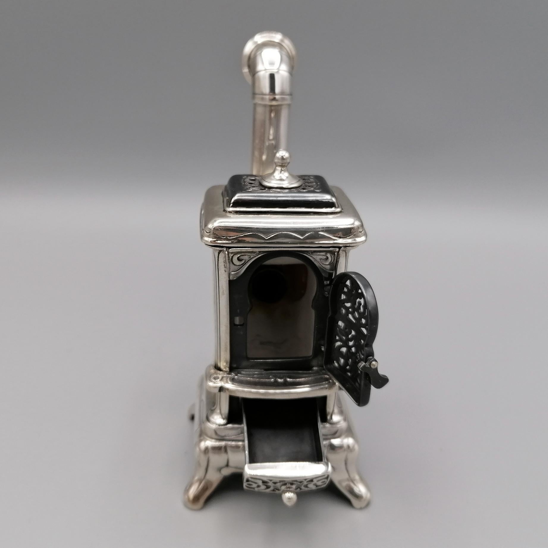 20th Century Italian Sterling Silver and Porcelain Miniature of Wood Stove For Sale 3
