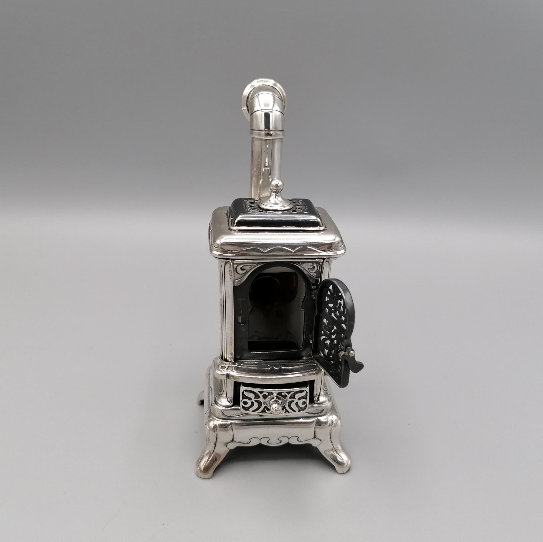 20th Century Italian Sterling Silver and Porcelain Miniature of Wood Stove For Sale 4