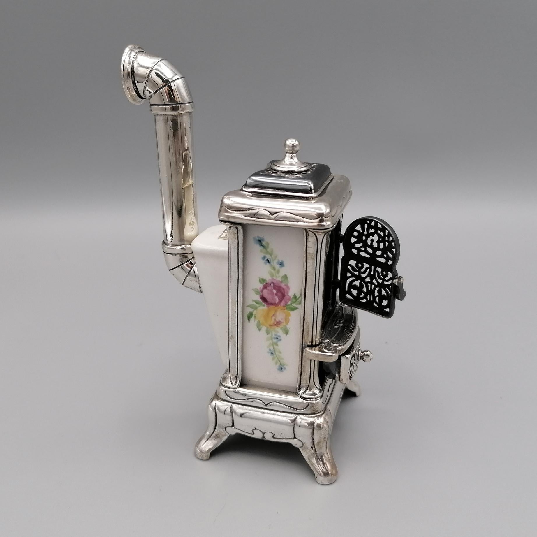 20th Century Italian Sterling Silver and Porcelain Miniature of Wood Stove For Sale 5