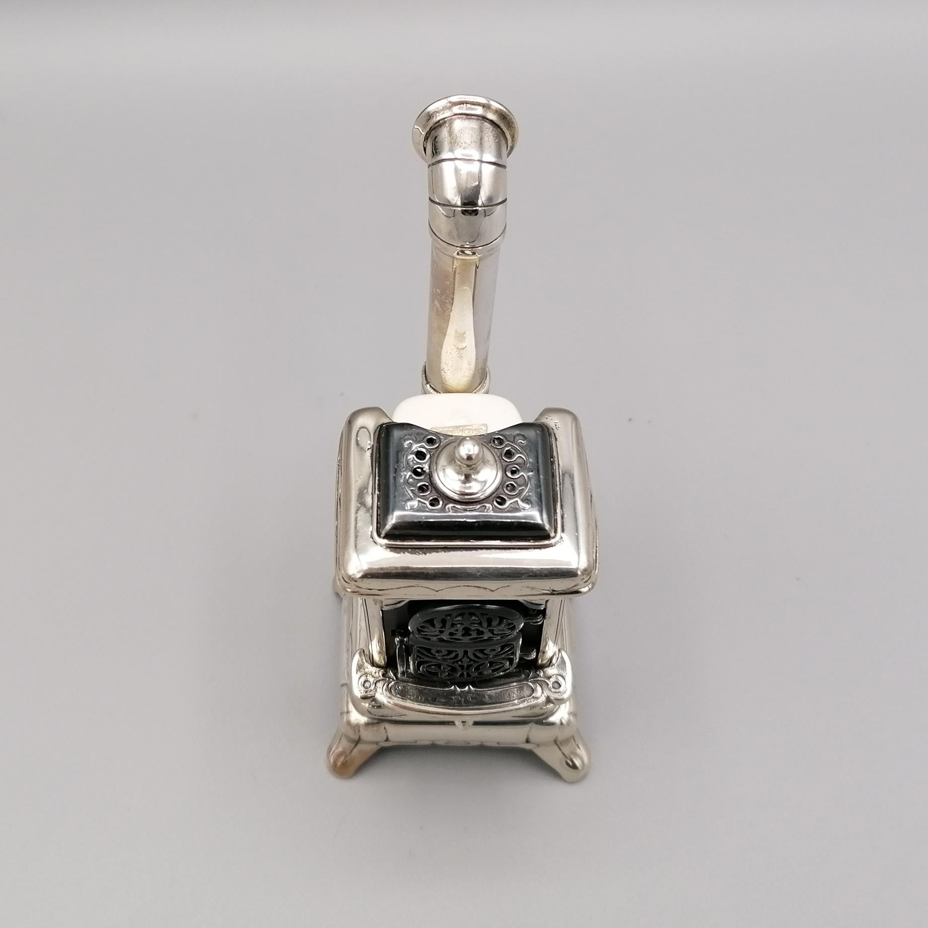 Revival 20th Century Italian Sterling Silver and Porcelain Miniature of Wood Stove For Sale