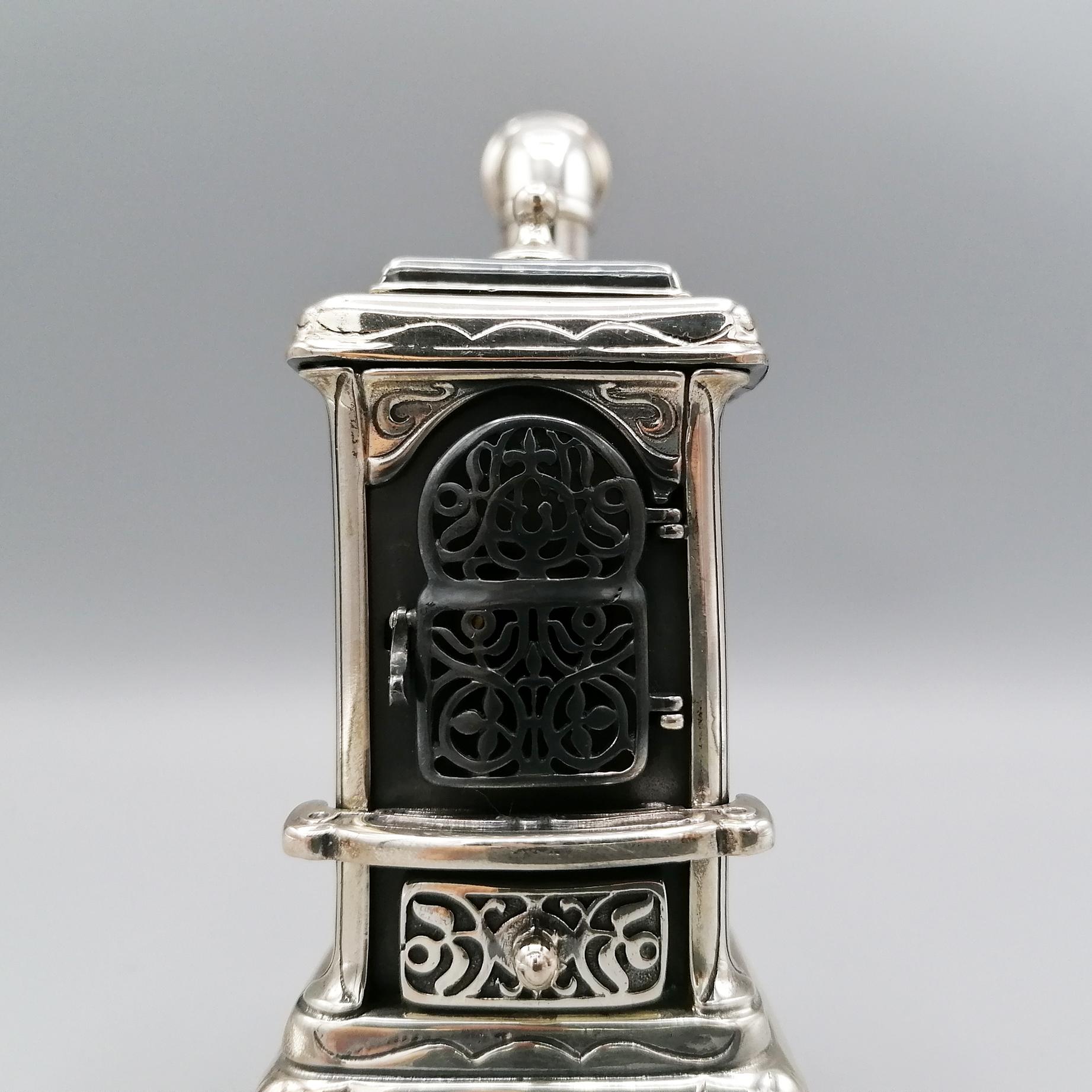 Hand-Crafted 20th Century Italian Sterling Silver and Porcelain Miniature of Wood Stove For Sale
