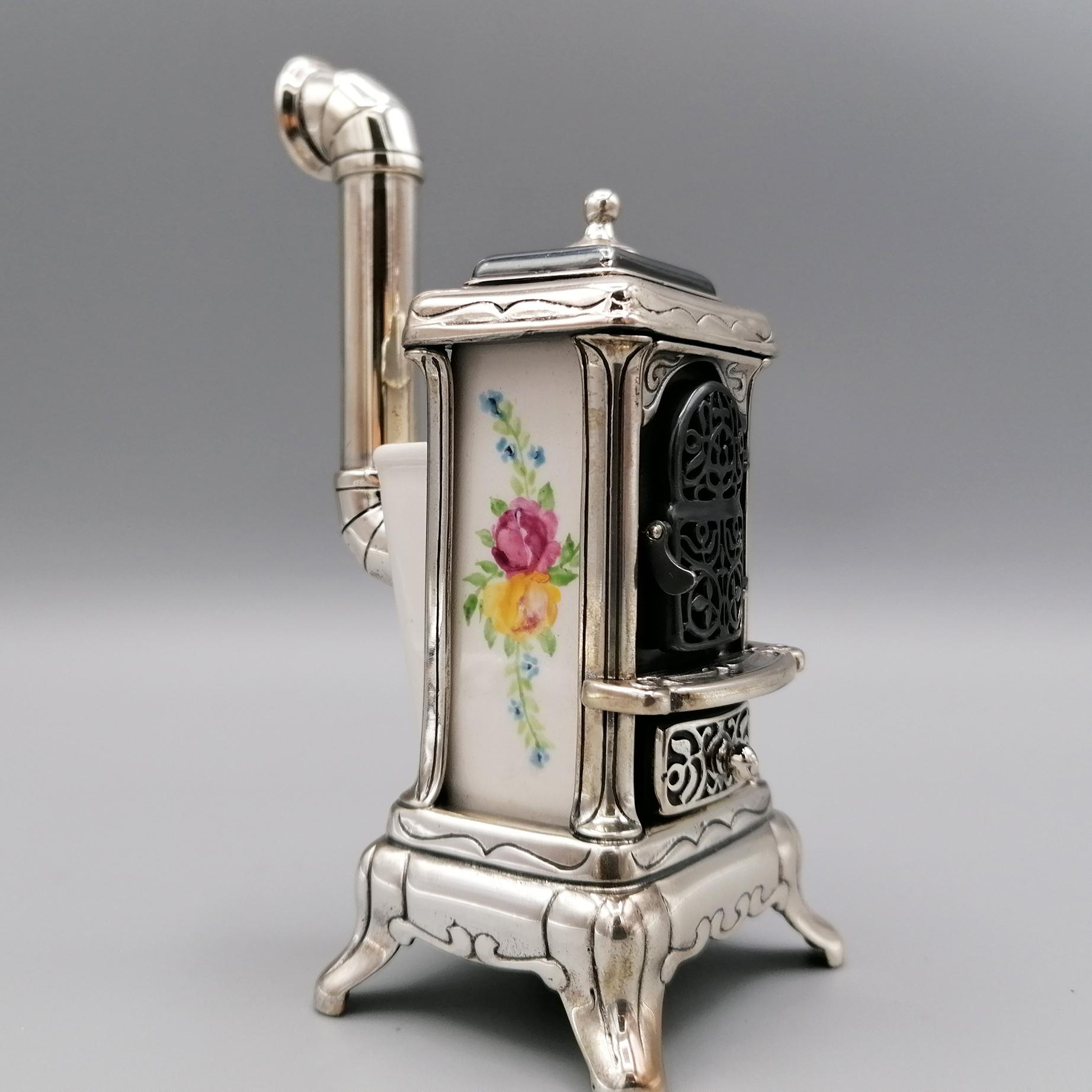 20th Century Italian Sterling Silver and Porcelain Miniature of Wood Stove In Excellent Condition For Sale In VALENZA, IT