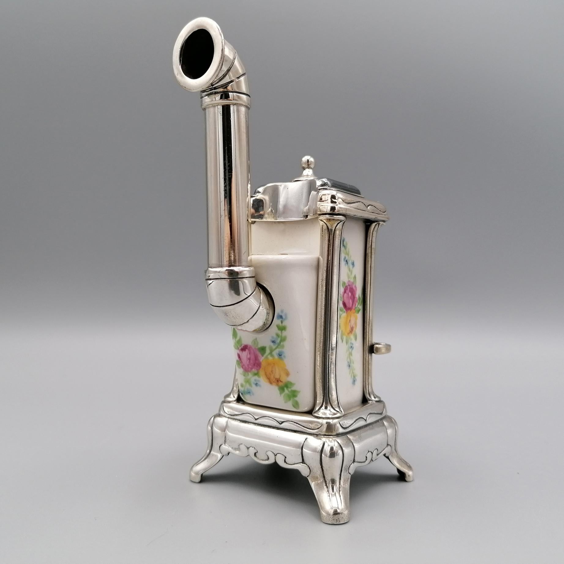 20th Century Italian Sterling Silver and Porcelain Miniature of Wood Stove For Sale 1