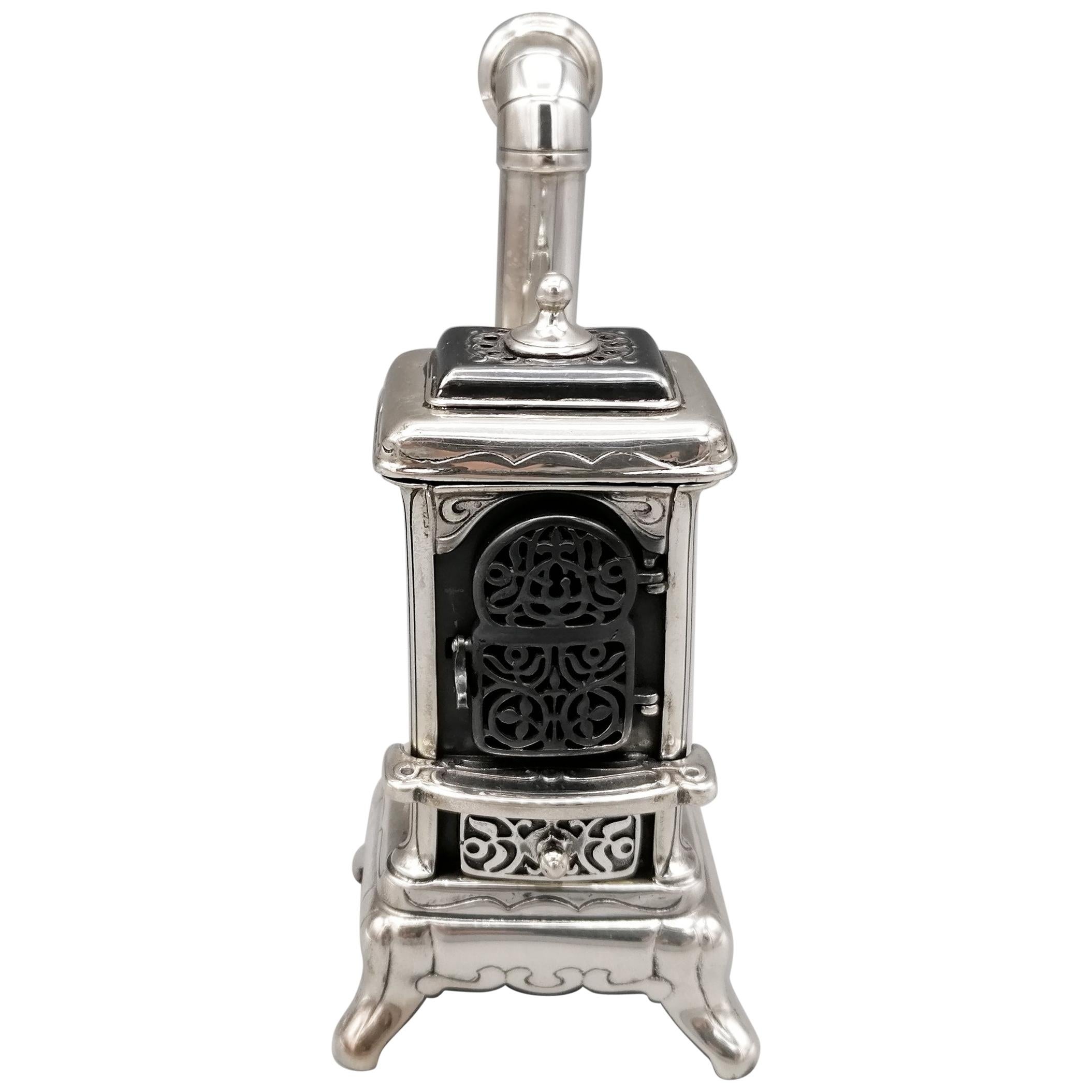 20th Century Italian Sterling Silver and Porcelain Miniature of Wood Stove