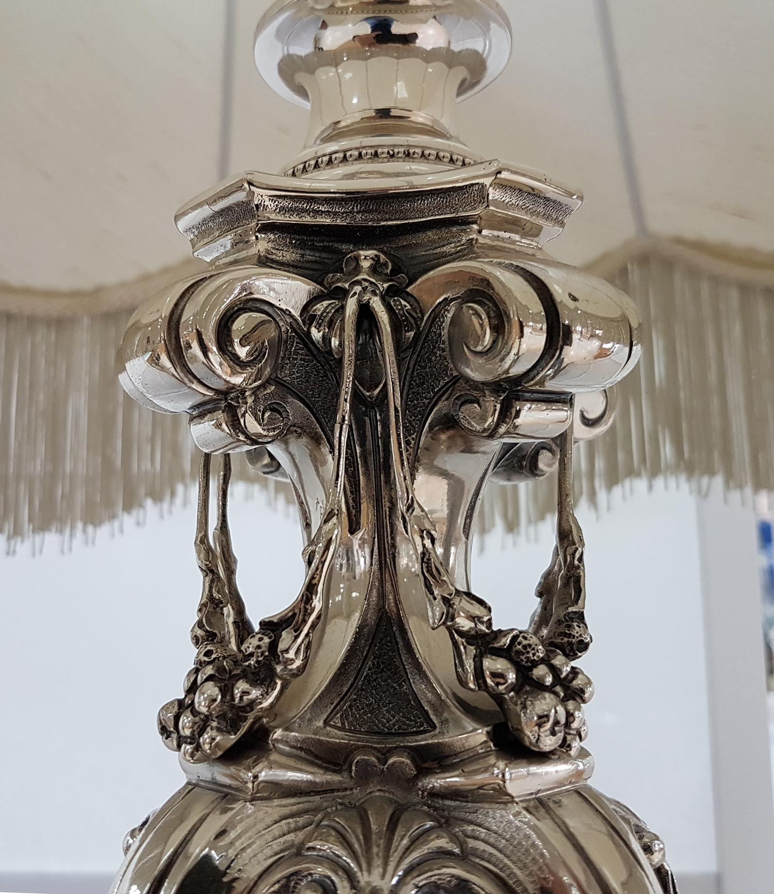 Embossed 20th Century Italian Sterling Silver Barocco Style Table Lamp For Sale