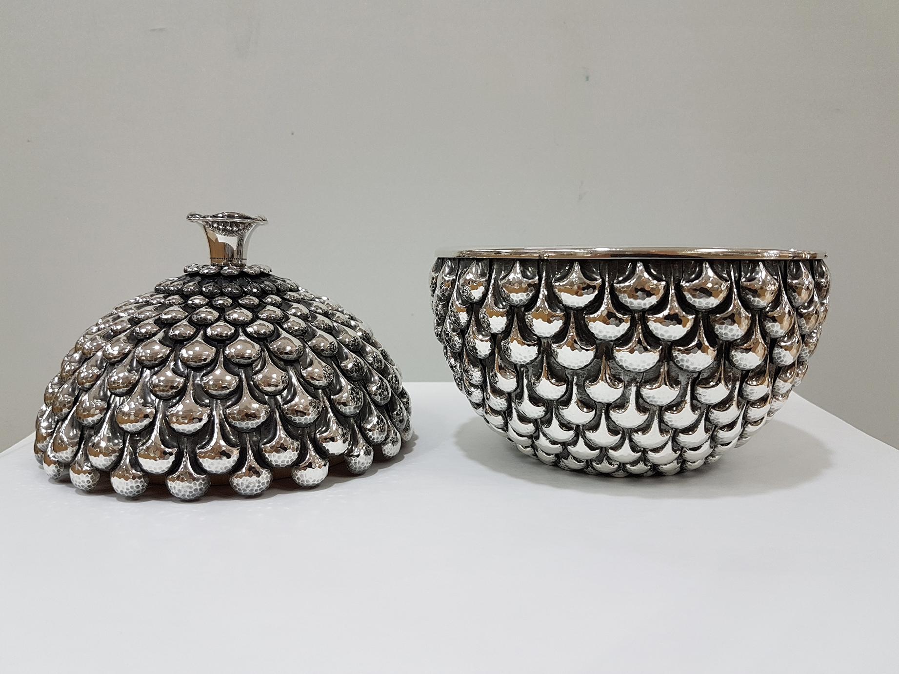 Late 20th Century 20th Century Italian Sterling Silver Box, Olive Wood Interior, Pinecone Shape