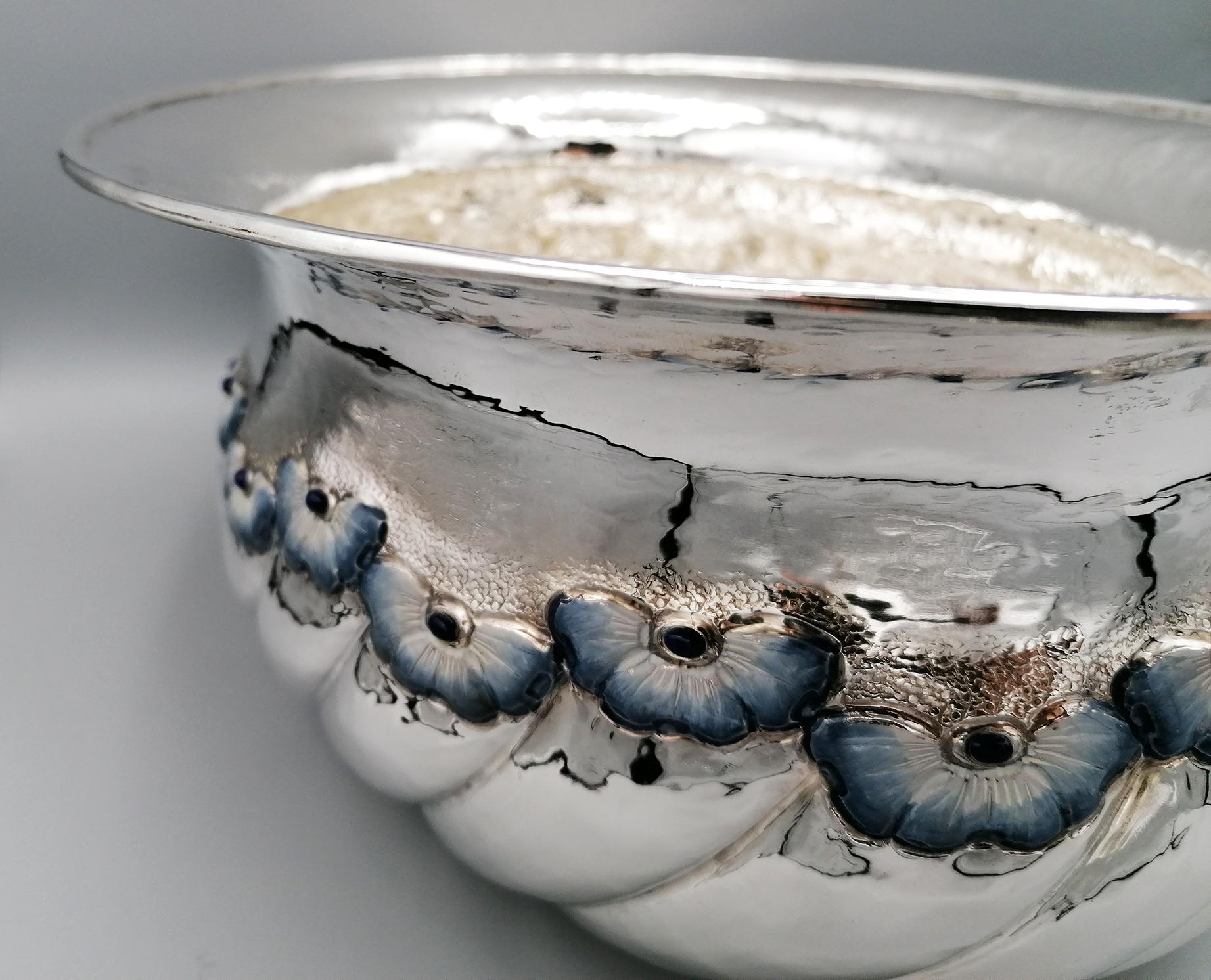 Embossed 20th Century Italian Sterling Silver Centrepiece with Enameled Flowers Lapis