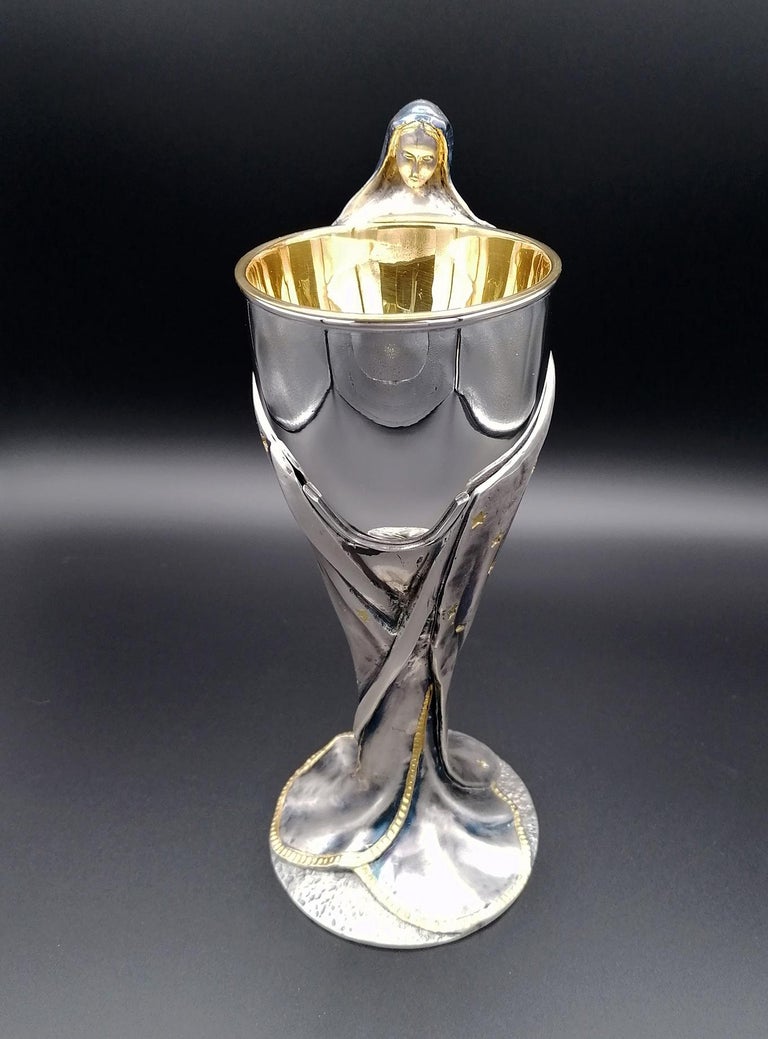 20th Century Italian Sterling Silver Chalice with Vergin Mary Wrapping the Cup For Sale 6