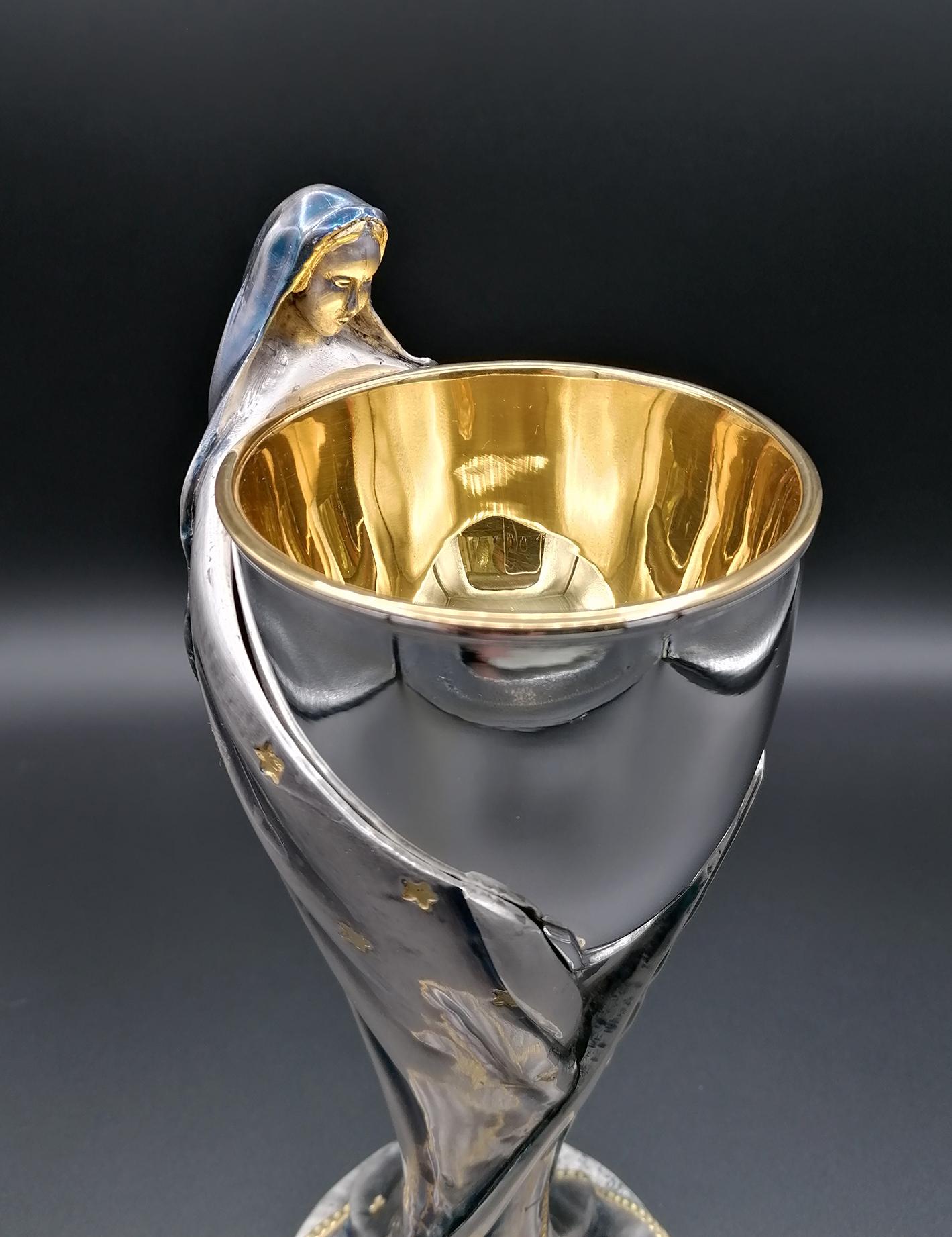 Late 20th Century 20th Century Italian Sterling Silver Chalice with Vergin Mary Wrapping the Cup For Sale