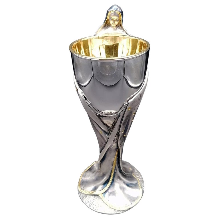 20th Century Italian Sterling Silver Chalice with Vergin Mary Wrapping the Cup For Sale
