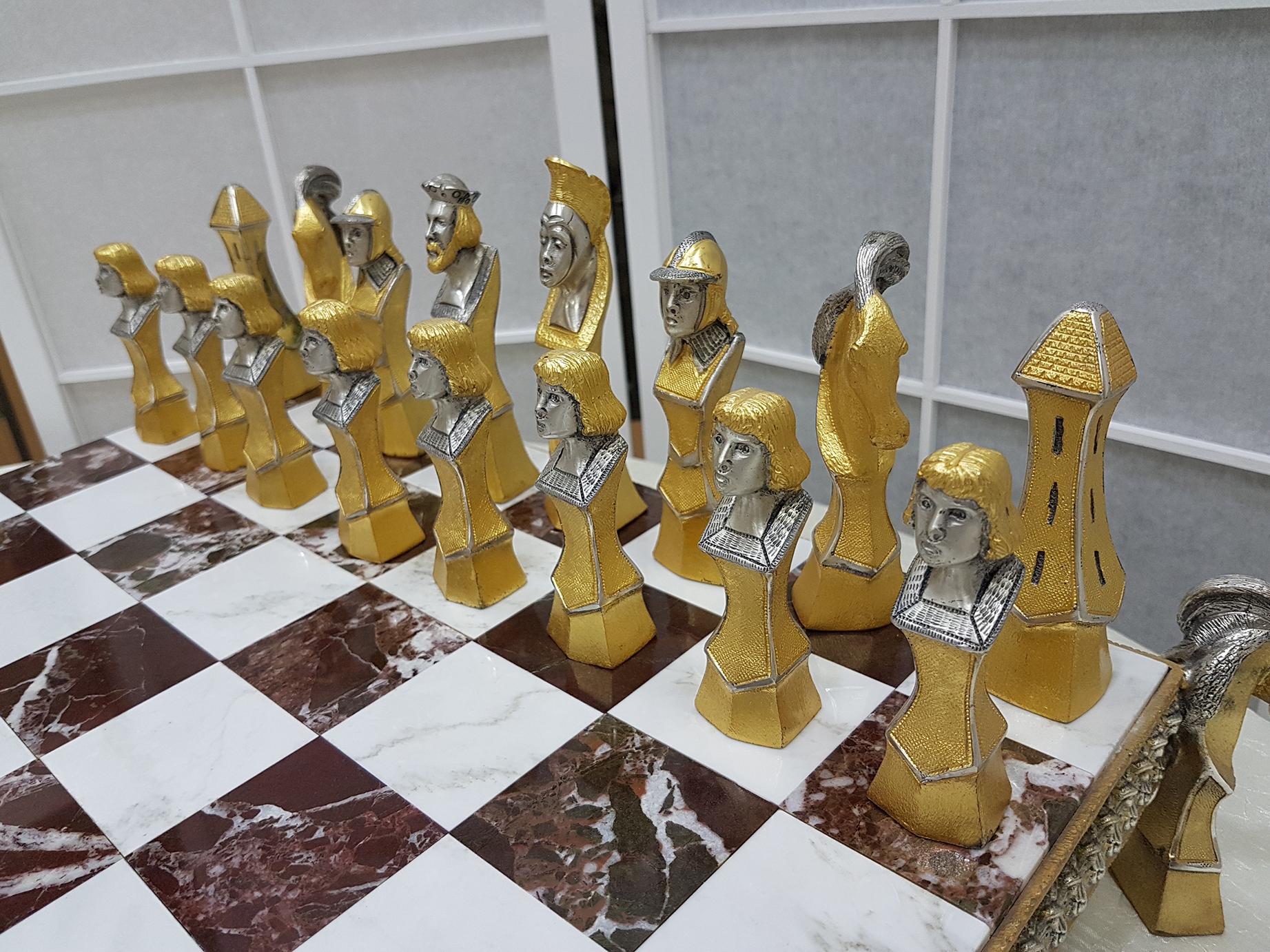 Engraved 20th Century Italian Sterling Silver Chess Board, Chess Game Red Jasper, Marble For Sale
