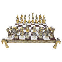 Antique 20th Century Italian Sterling Silver Chess Board, Chess Game Red Jasper, Marble