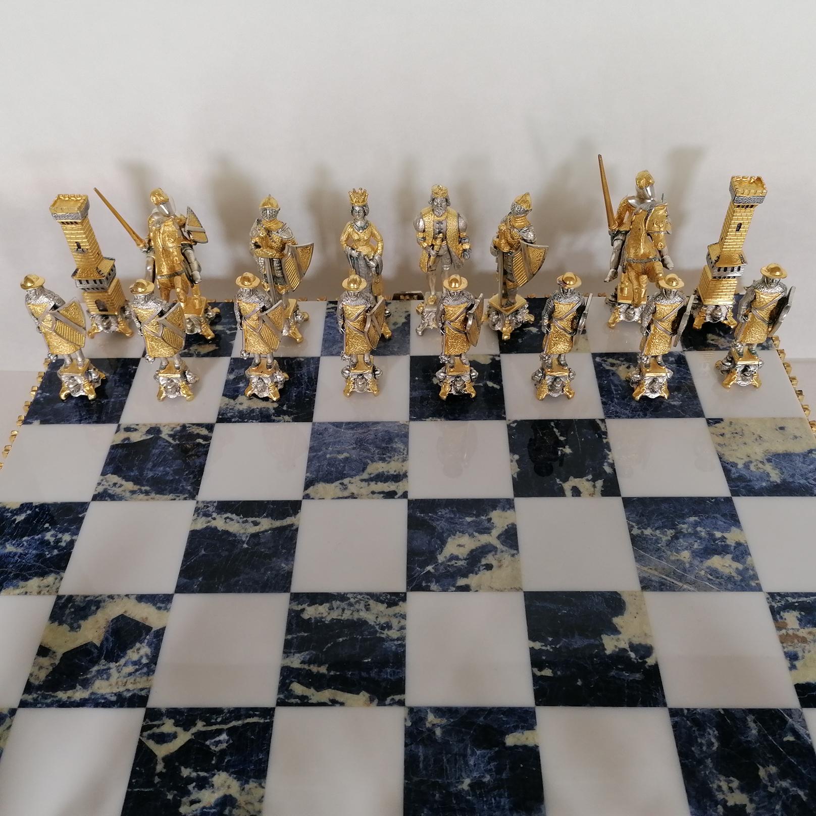 Italian Sterling Silver Chess Board, Chess Game, Sodalite Marble  For Sale 2