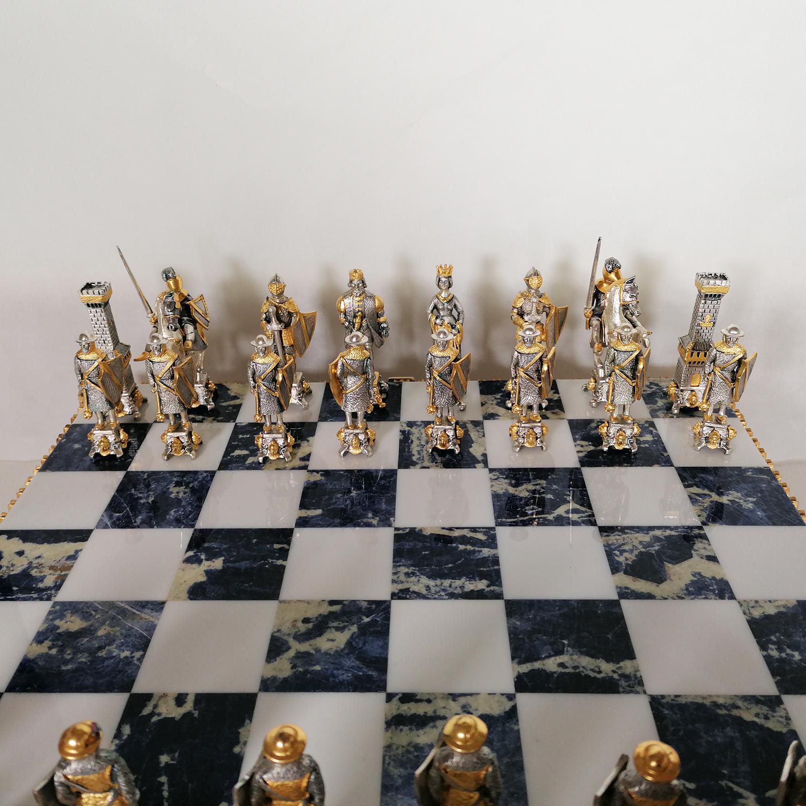 Italian Sterling Silver Chess Board, Chess Game, Sodalite Marble  For Sale 9