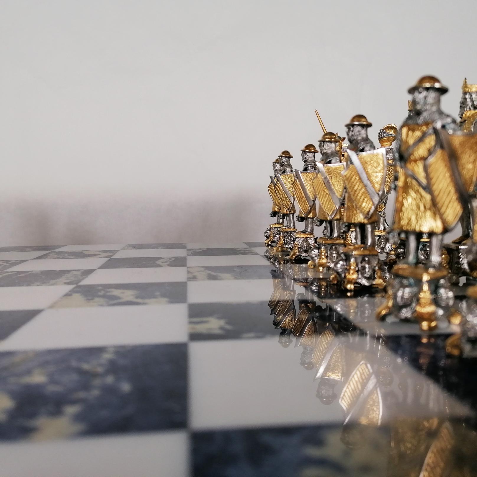 Medieval Italian Sterling Silver Chess Board, Chess Game, Sodalite Marble  For Sale