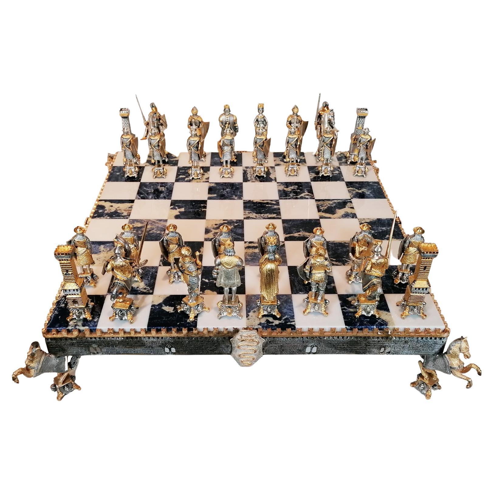 Italian Sterling Silver Chess Board, Chess Game, Sodalite Marble 