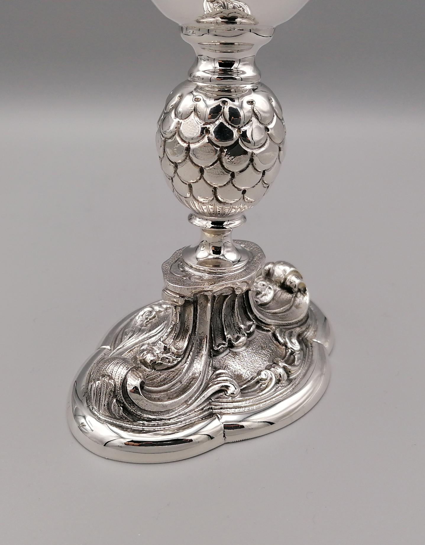 20th Century Italian Sterling Silver Ecclesiastical Chalice, Baroque Style In Excellent Condition For Sale In VALENZA, IT
