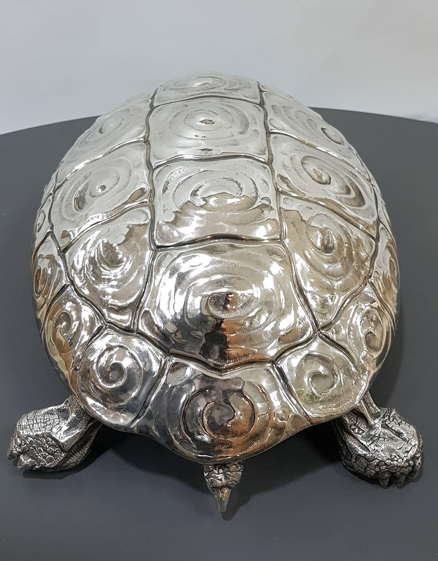 20th Century Italian Sterling Silver Handmade Turtle Box with Hinged Lid 1