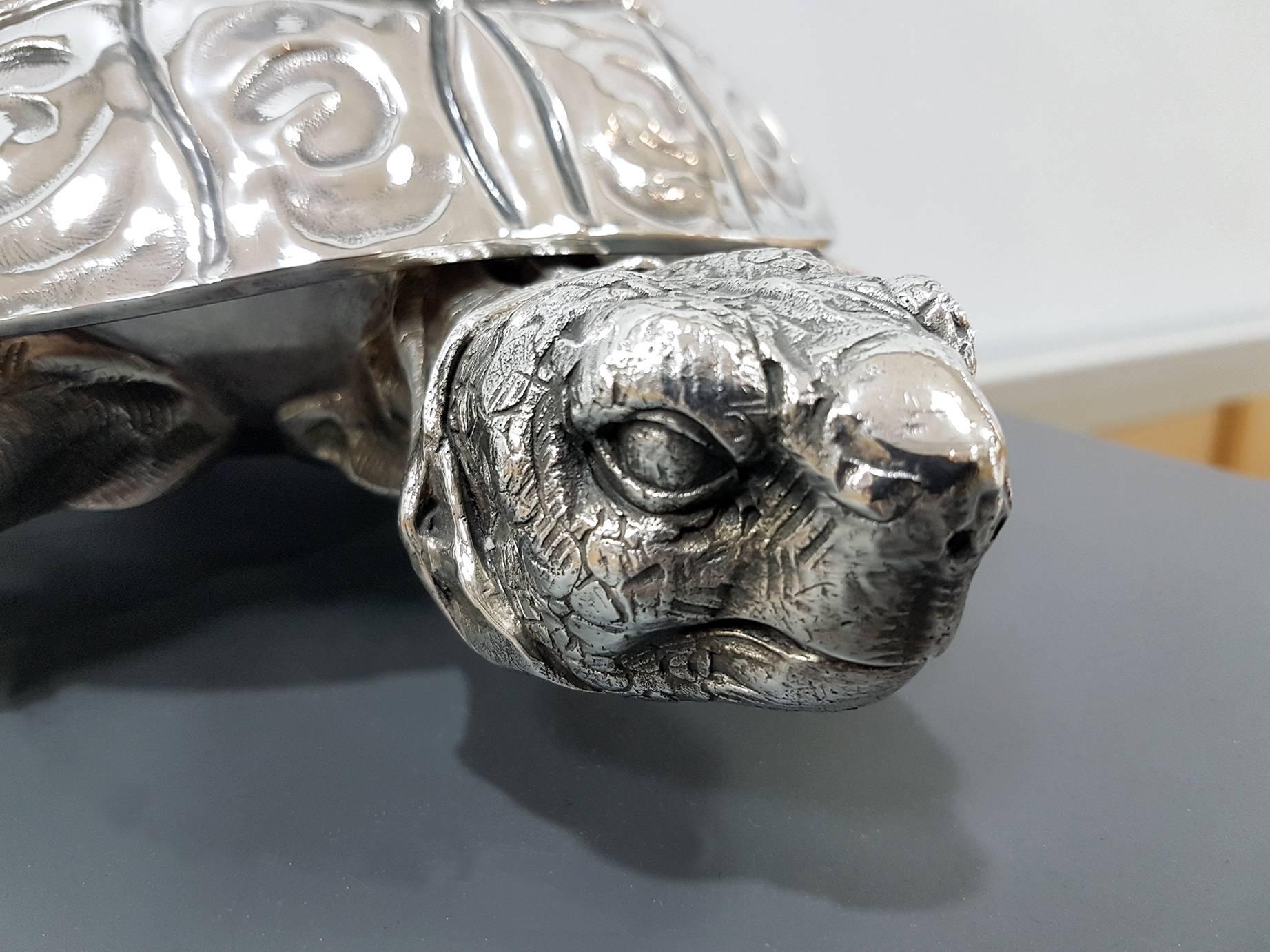 20th Century Italian Sterling Silver Handmade Turtle Box with Hinged Lid 3