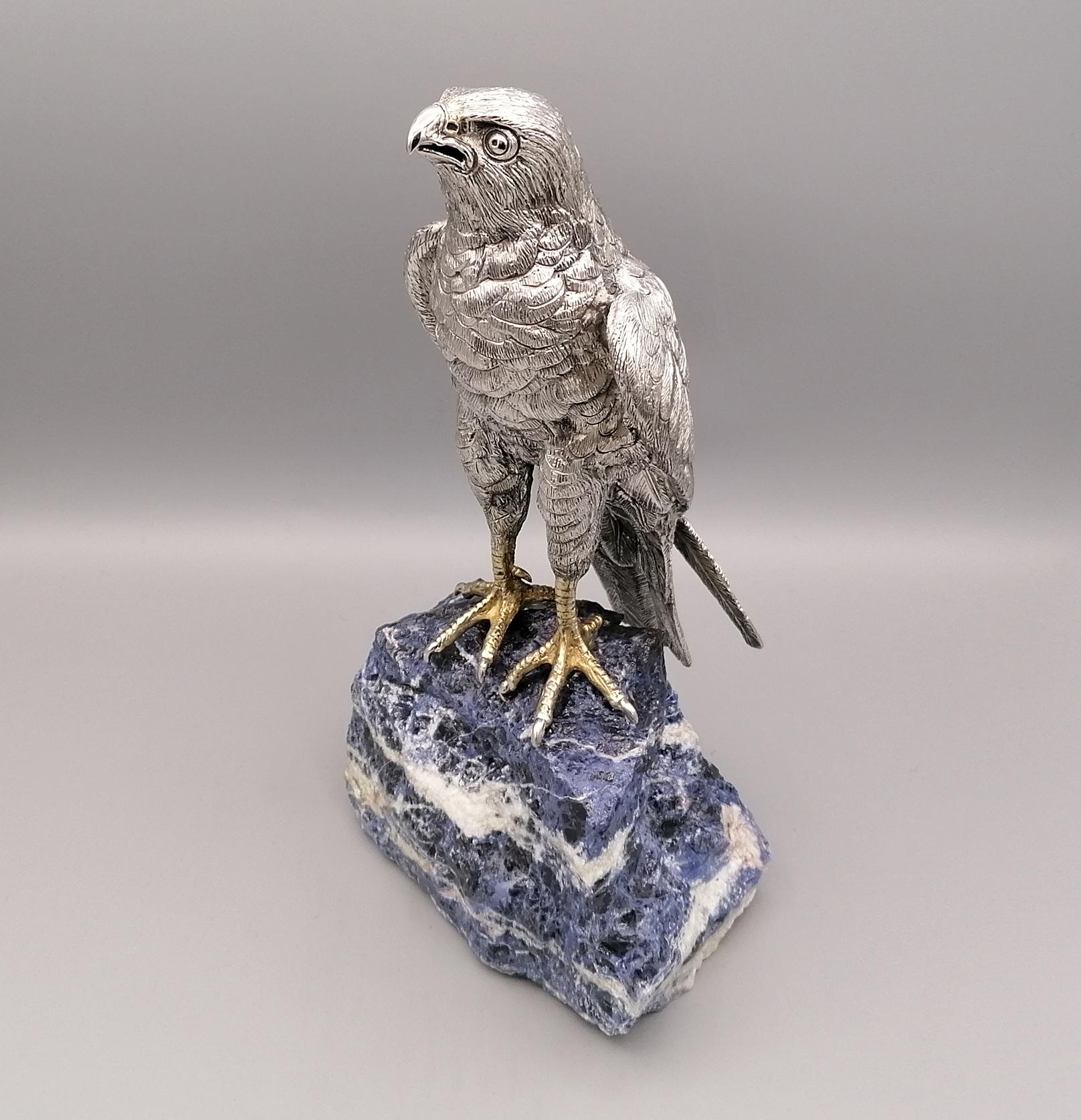 Engraved 20th Century Italian Sterling Silver Hawk on a Sodalite Stone For Sale