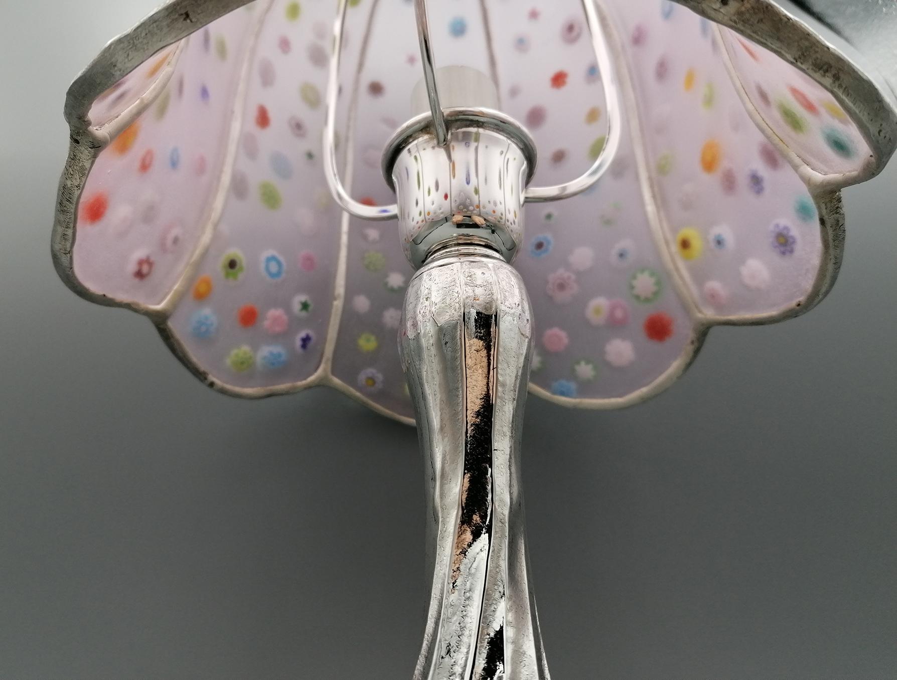 Engraved 20th Century Italian Sterling Silver Lamp with Murano 