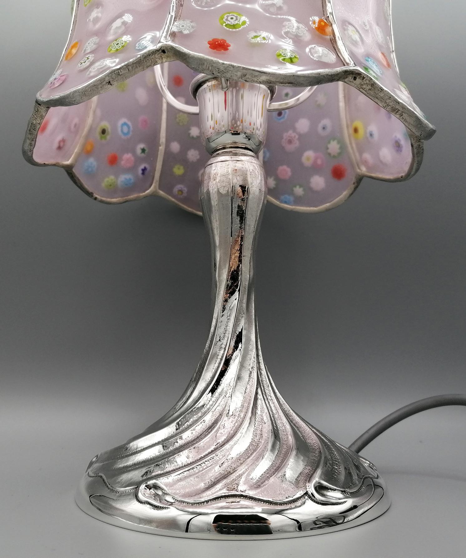 Italienische Sterlingsilber-Lampe „Murrina“ aus dem 20. Jahrhundert mit Hut aus Murano (Ende des 20. Jahrhunderts) im Angebot