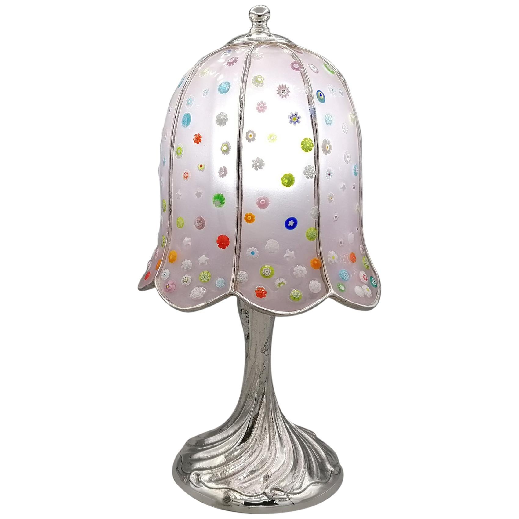 Italienische Sterlingsilber-Lampe „Murrina“ aus dem 20. Jahrhundert mit Hut aus Murano im Angebot