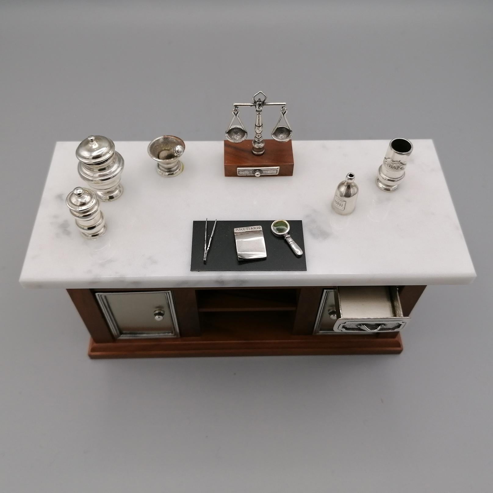 20th Century Italian Sterling Silver  Marble Miniature Pharmacist Workbench 13