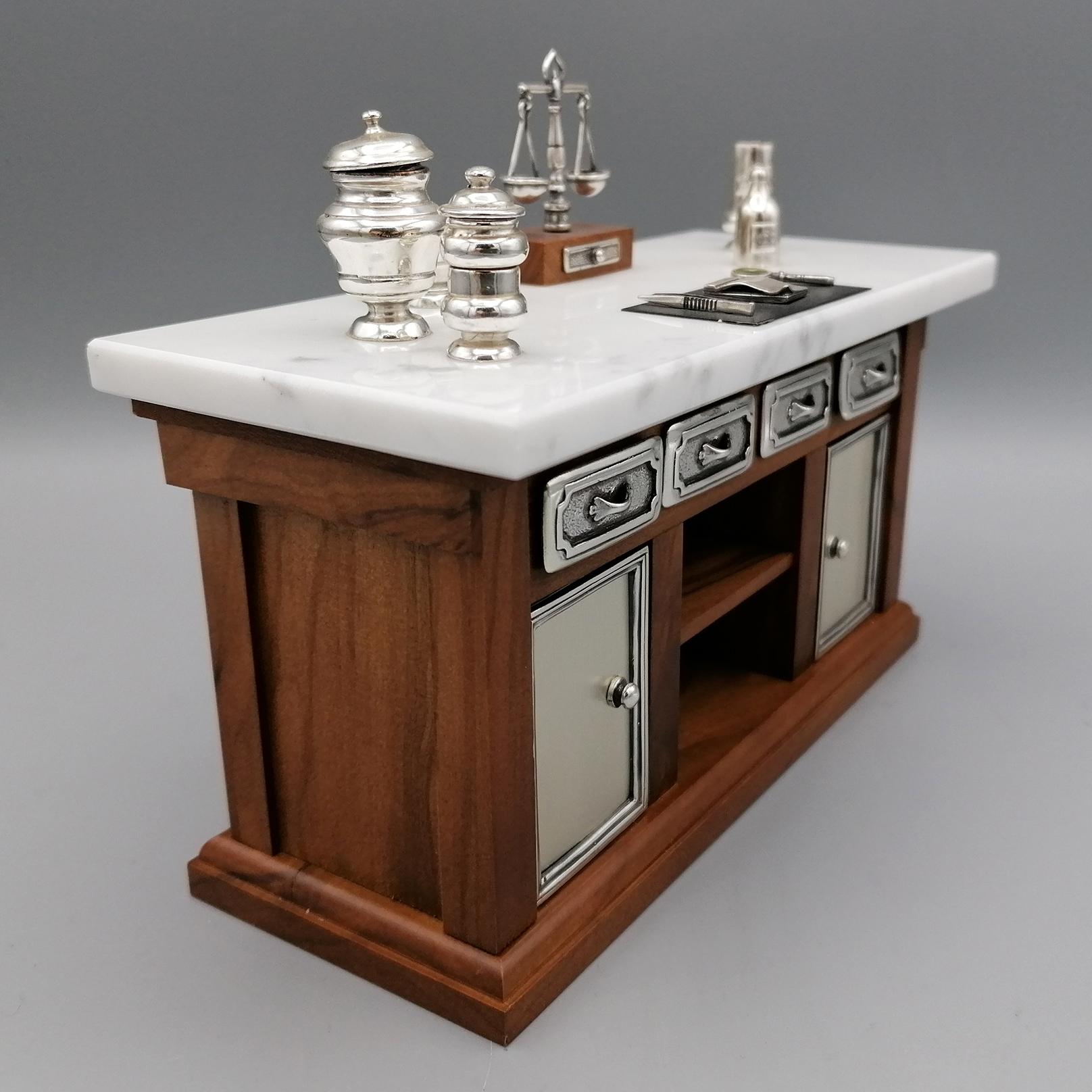 Hand-Crafted 20th Century Italian Sterling Silver  Marble Miniature Pharmacist Workbench