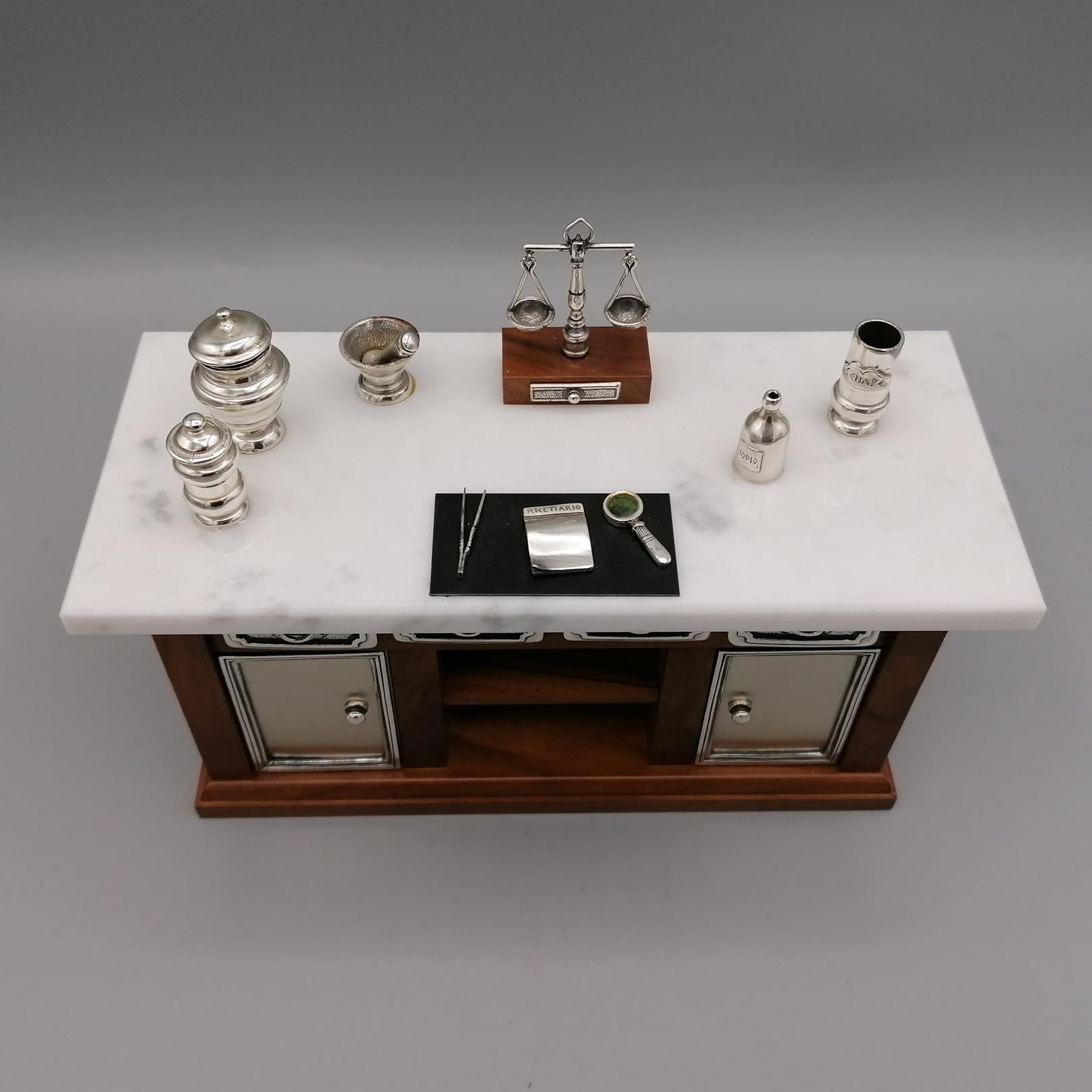 Late 20th Century 20th Century Italian Sterling Silver  Marble Miniature Pharmacist Workbench