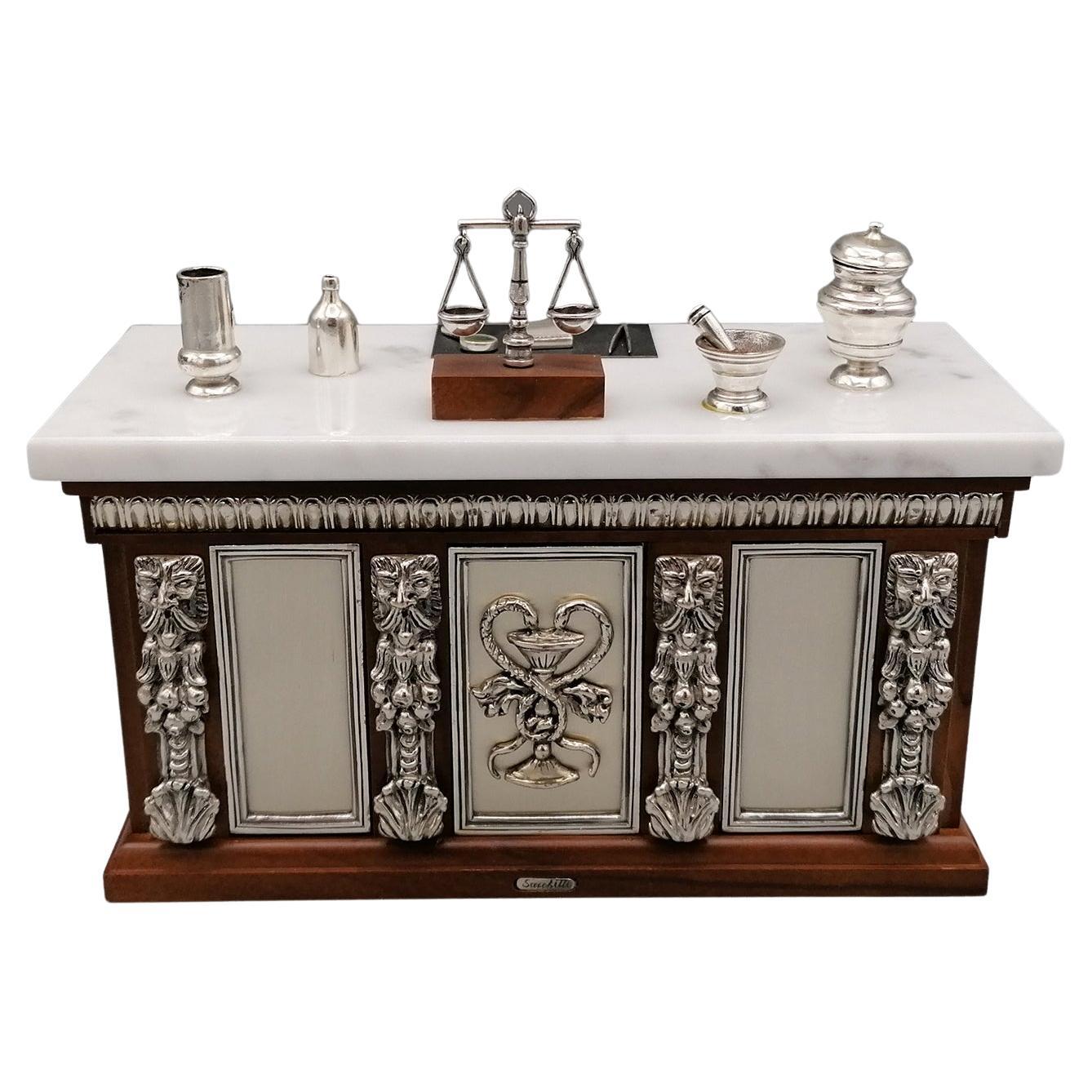 20th Century Italian Sterling Silver  Marble Miniature Pharmacist Workbench